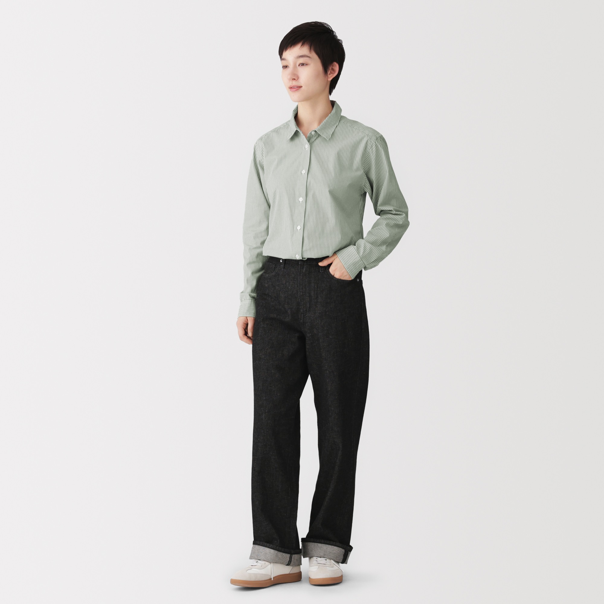 [New]W's washed broadcloth regular collar L/Slv shirt