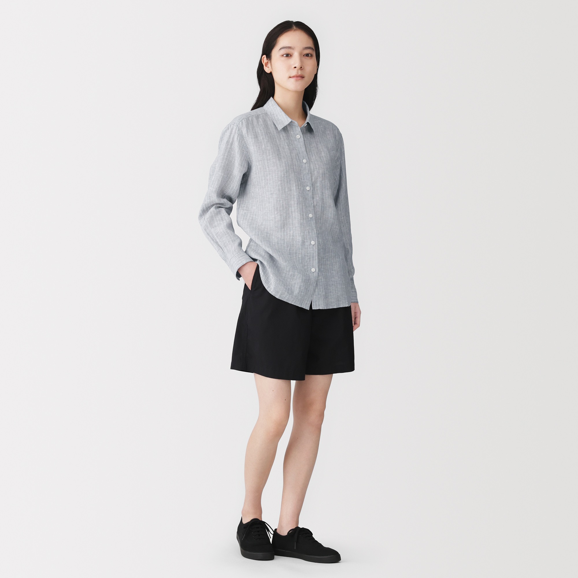 W's Washed linen Regular collar L/Slv shirt(ASEAN)