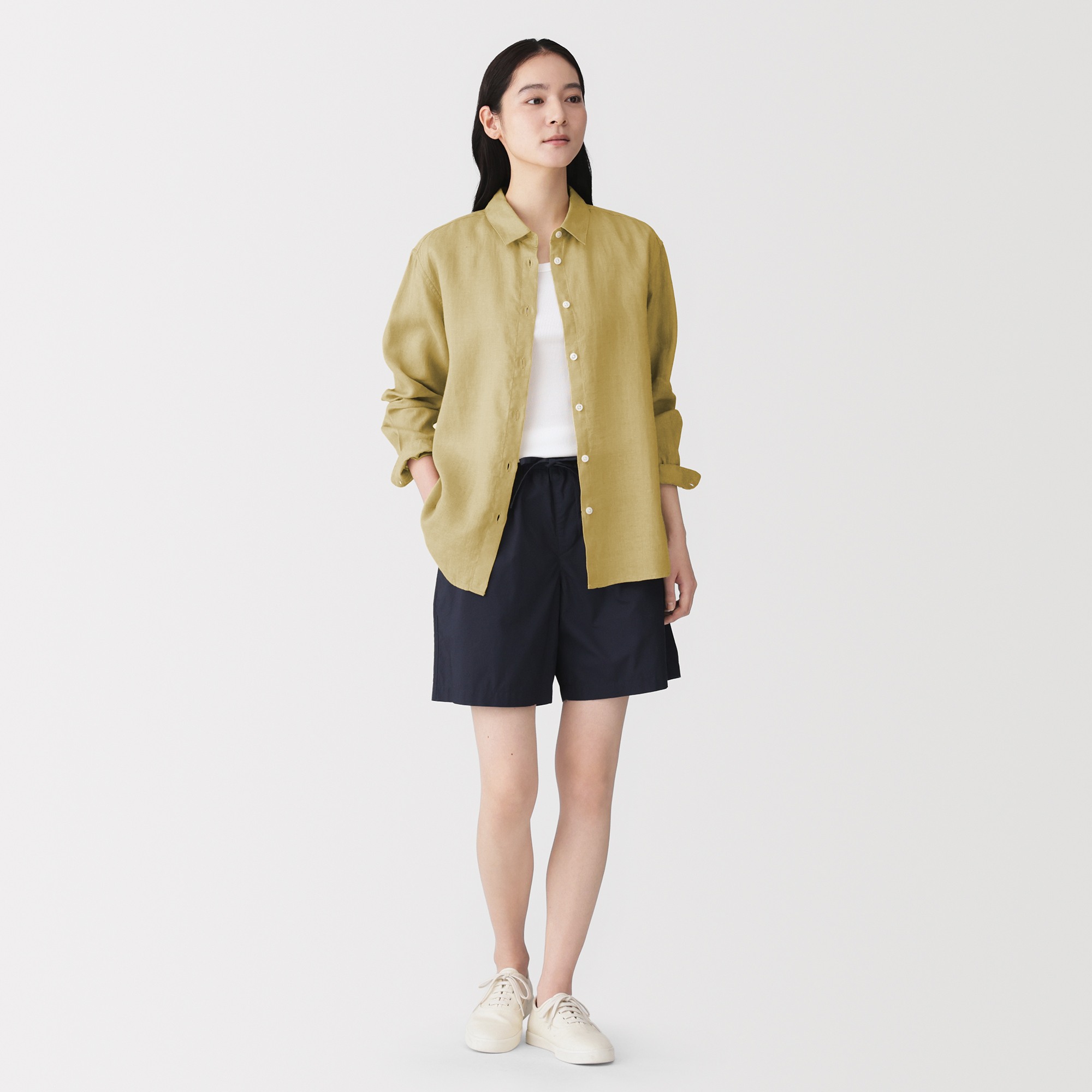 W's Washed linen Regular collar L/Slv shirt(ASEAN)