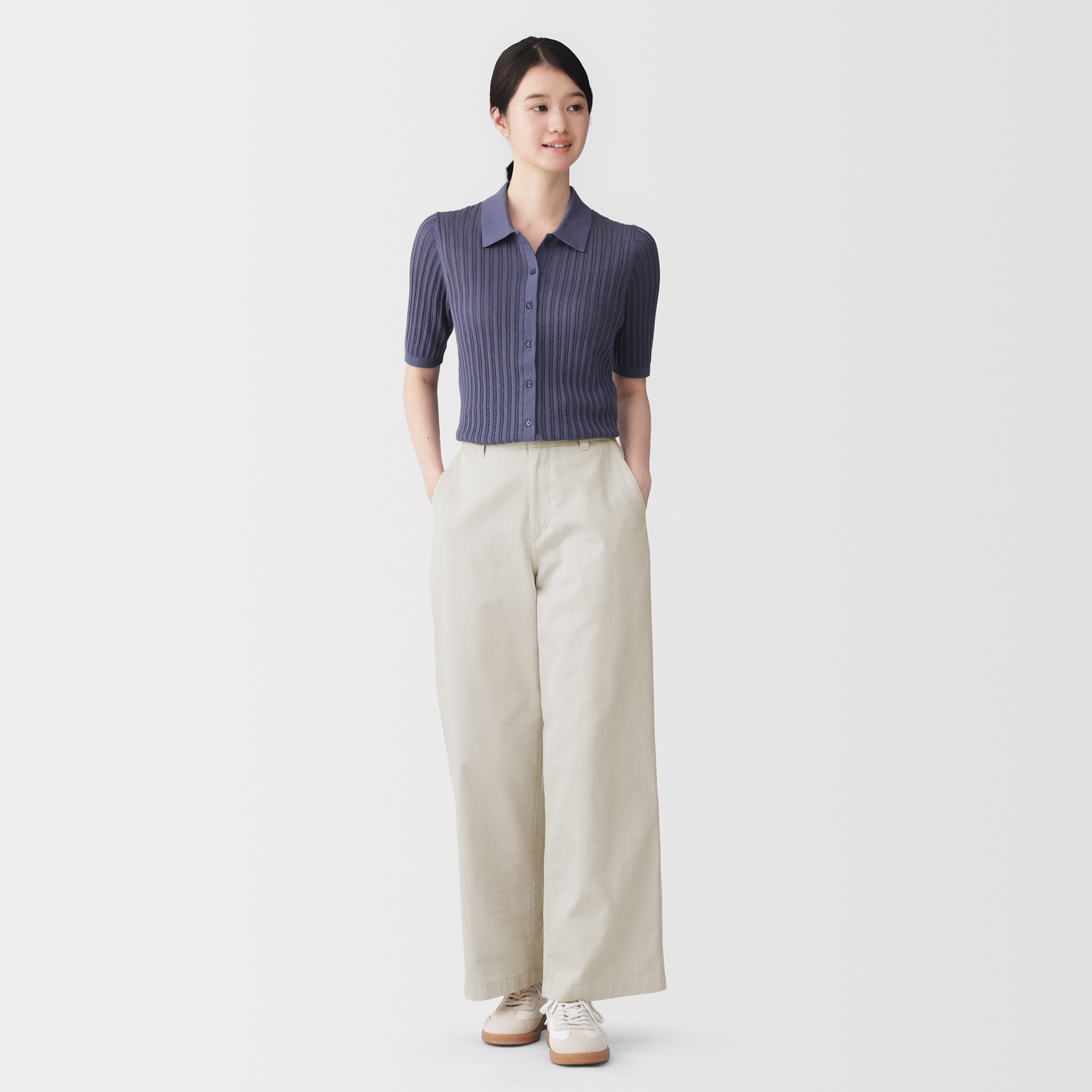 W's Slub yarn chino wide-fit pants