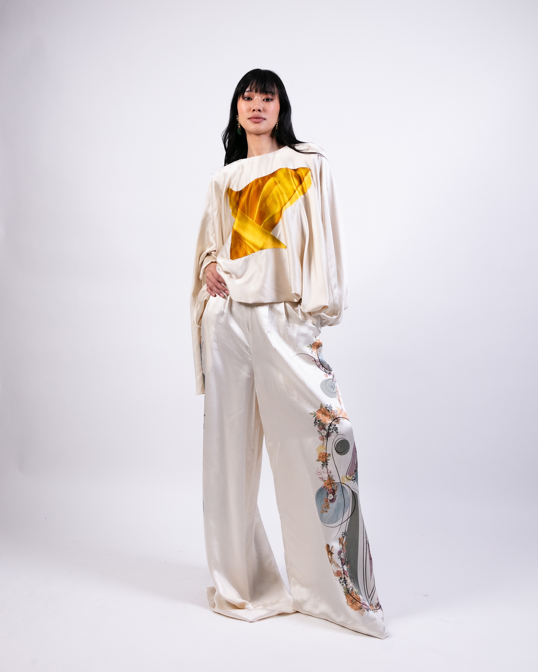 Printed Silk Trouser with Appliqué  Top