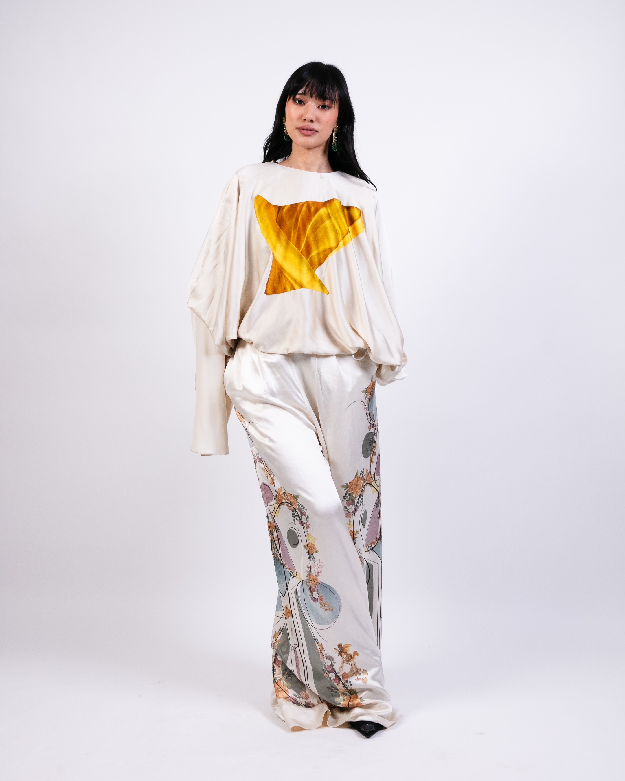 Printed Silk Trouser with Appliqué  Top