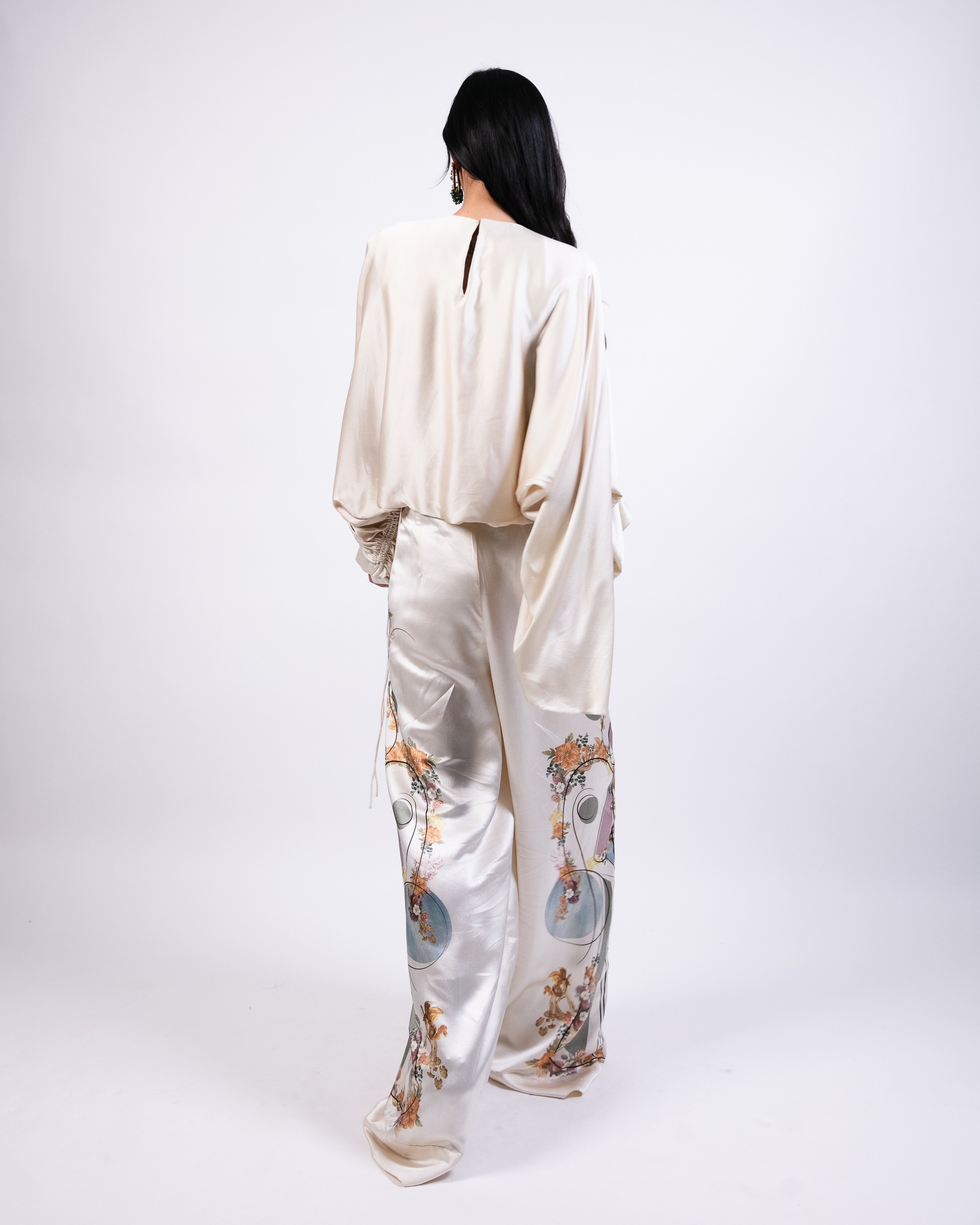 Printed Silk Trouser with Appliqué  Top