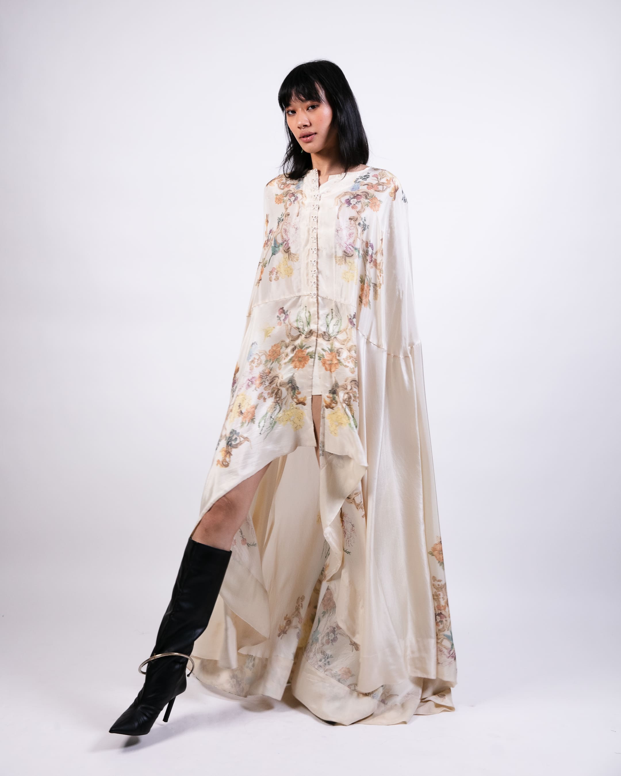 Printed Cape Dress with Lycra Pants
