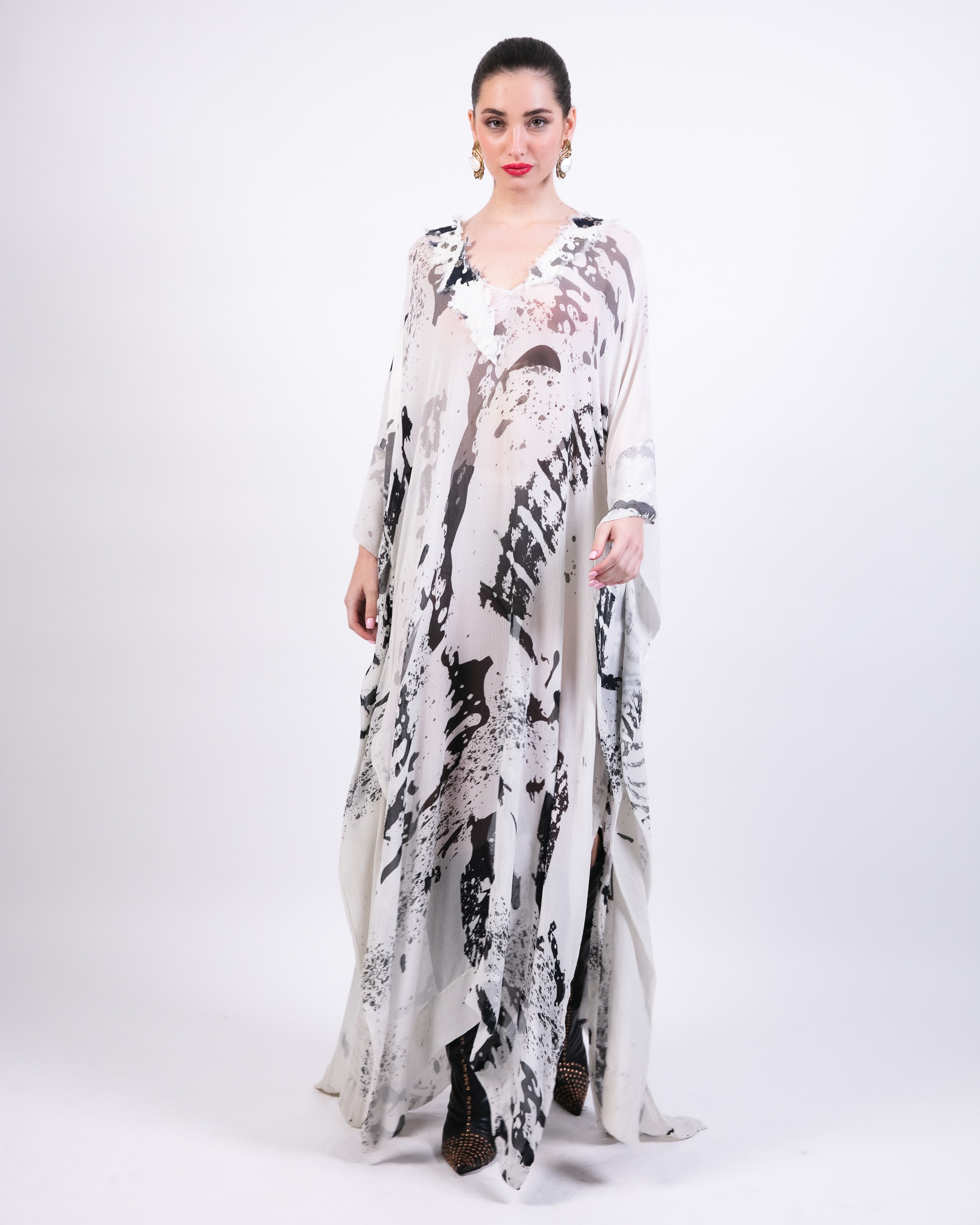 Draped Kaftan with Printed Slip Dress
