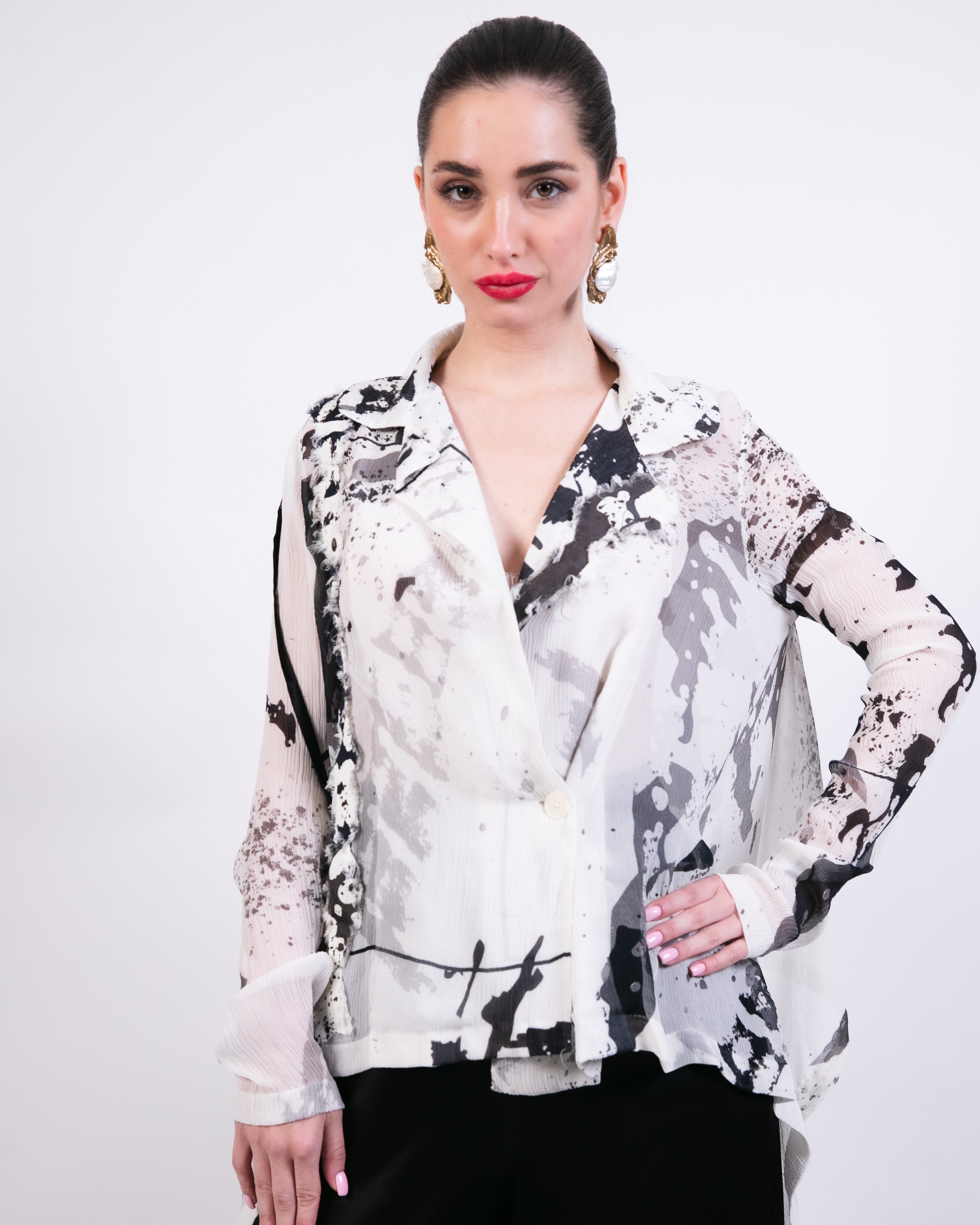 Chiffon shirt with black silk trouser