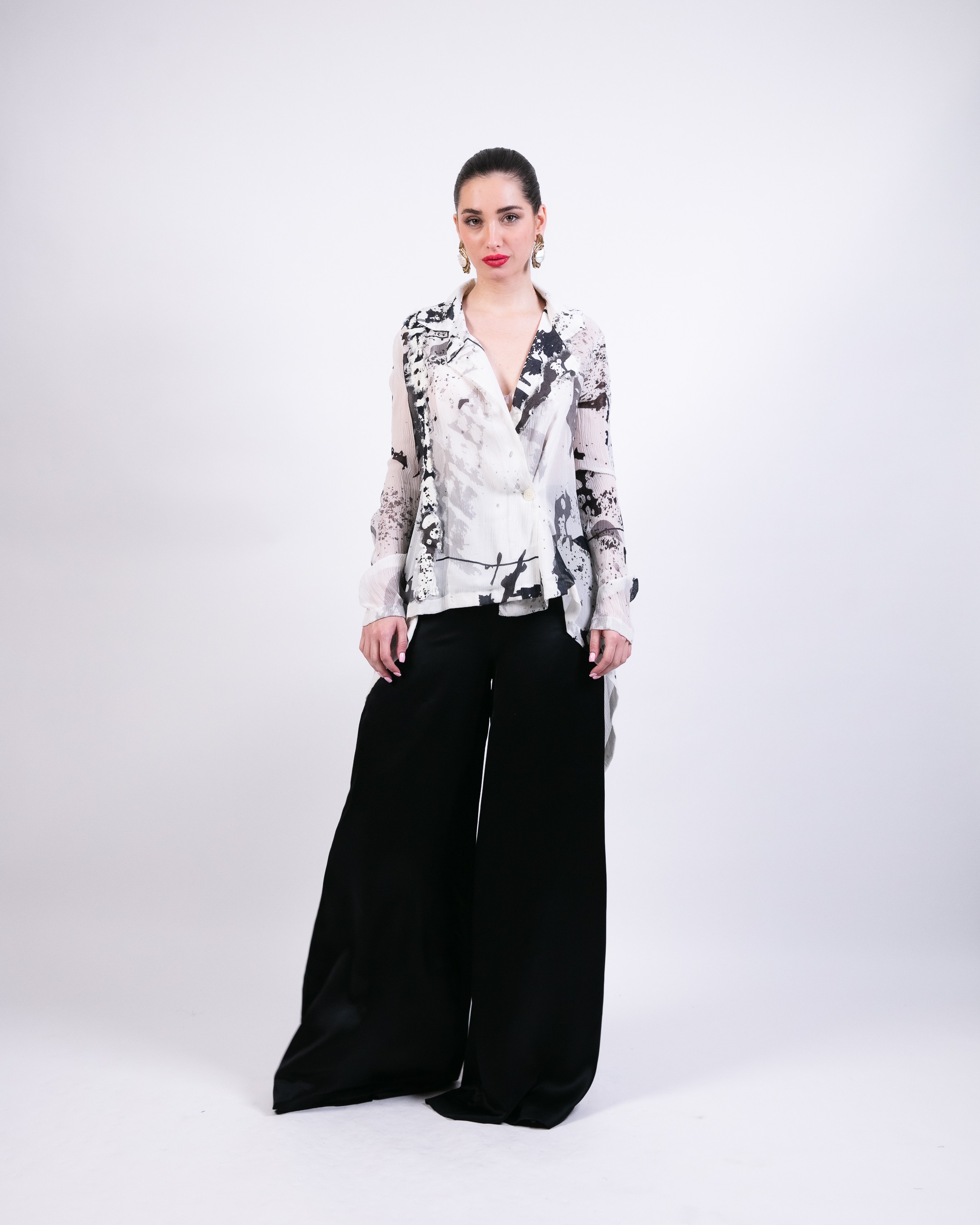 Chiffon shirt with black silk trouser