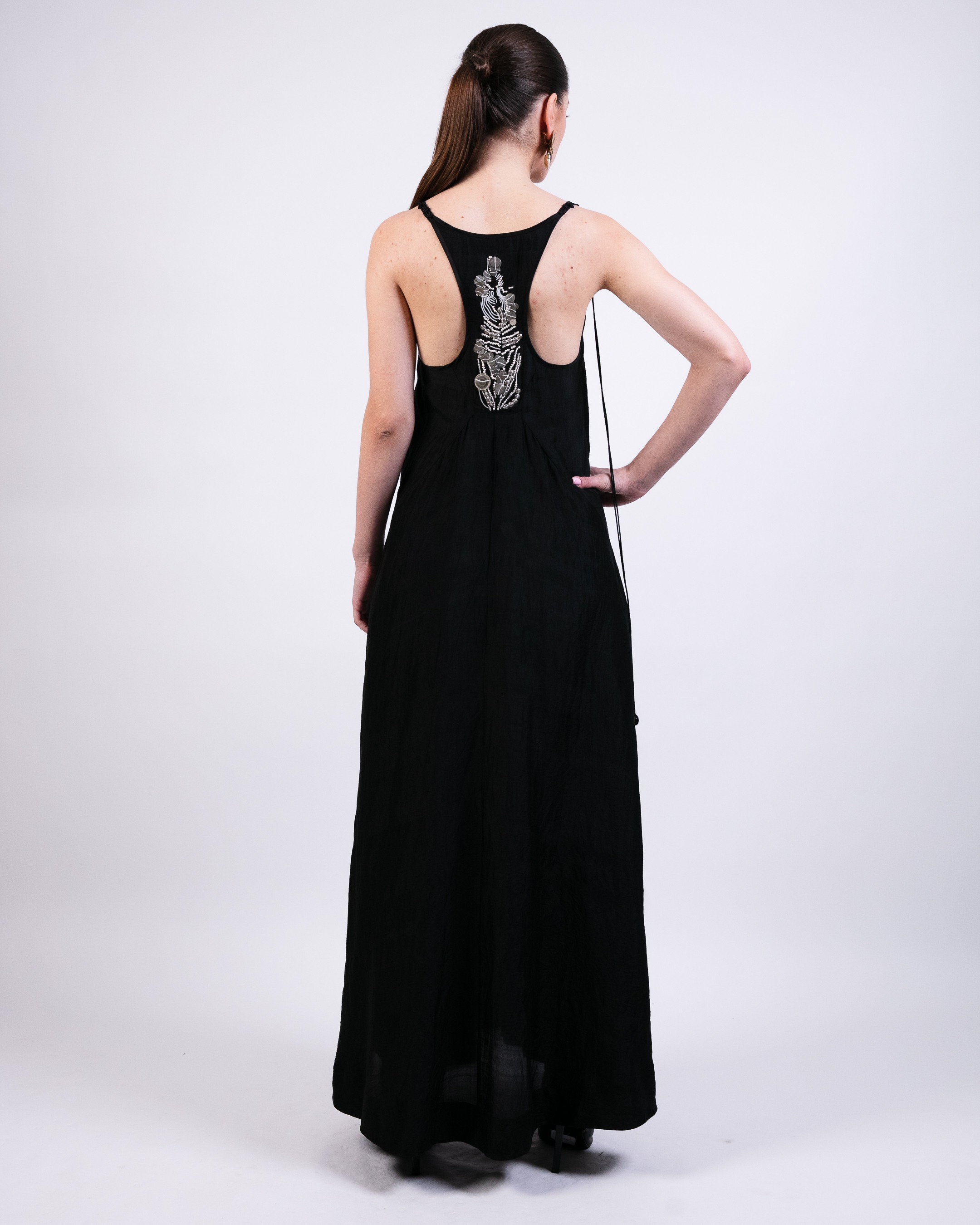 Black Slip Dress with Coin Embroidery