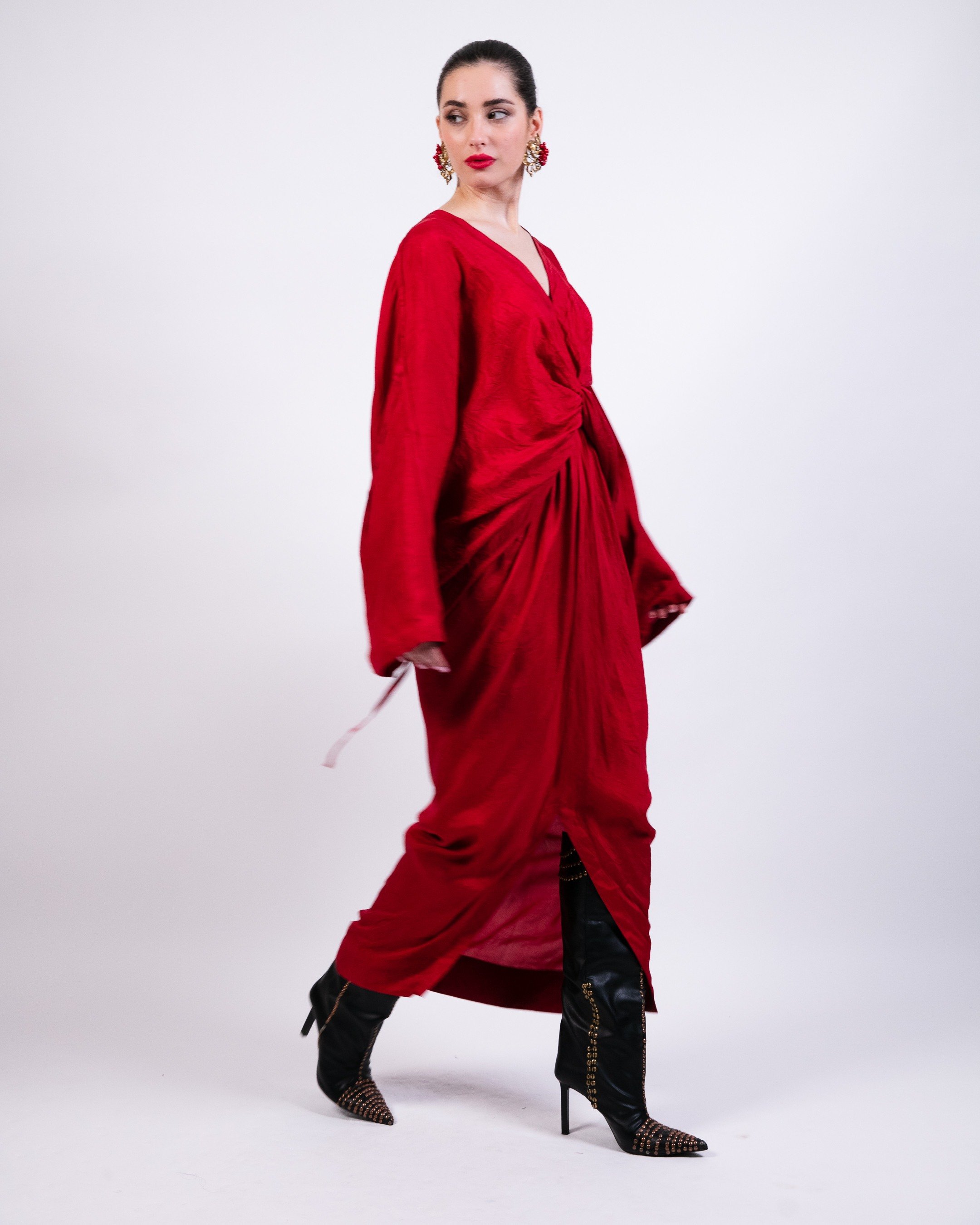 Red Knotted Kaftan with Coin Embroidery