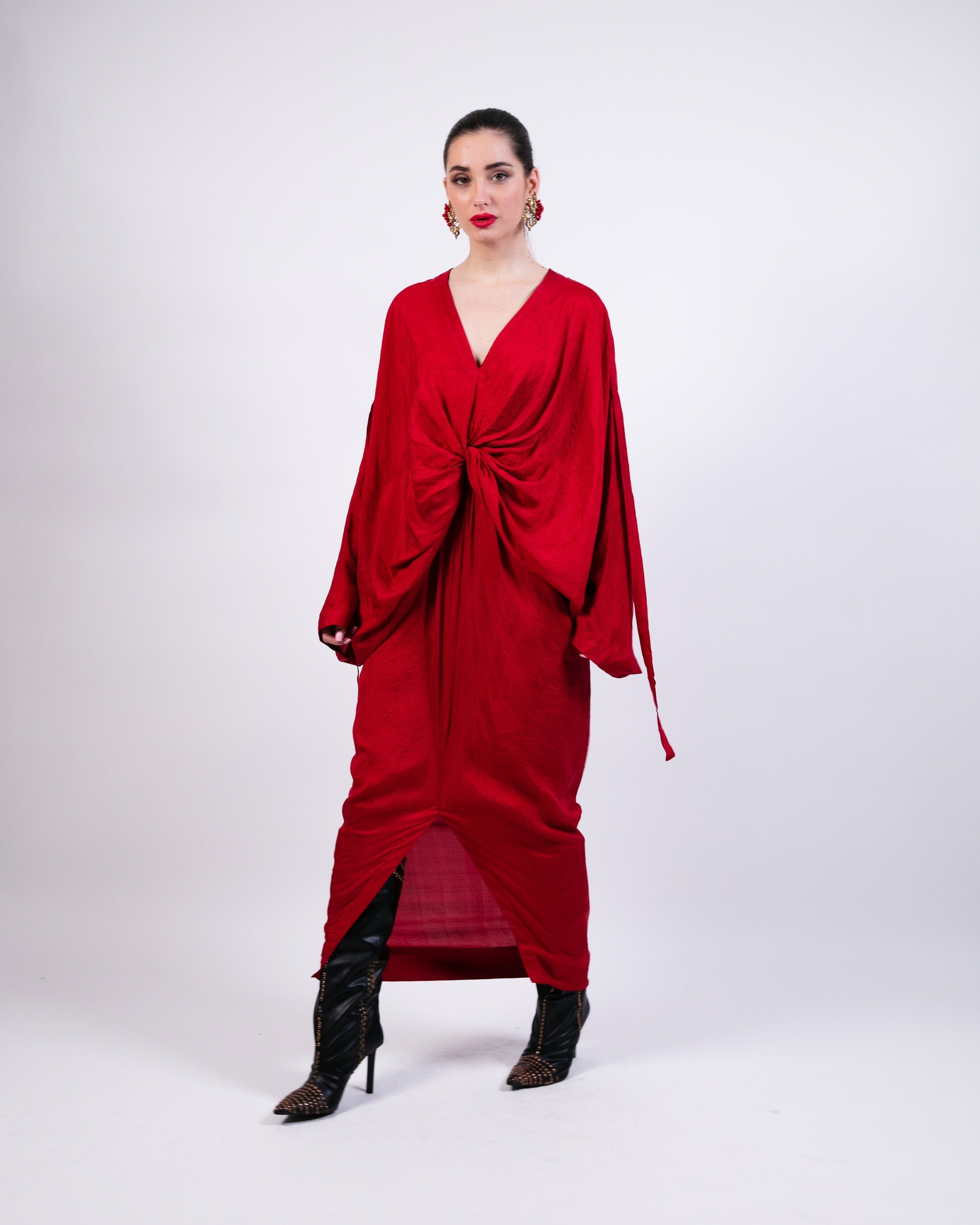 Red Knotted Kaftan with Coin Embroidery