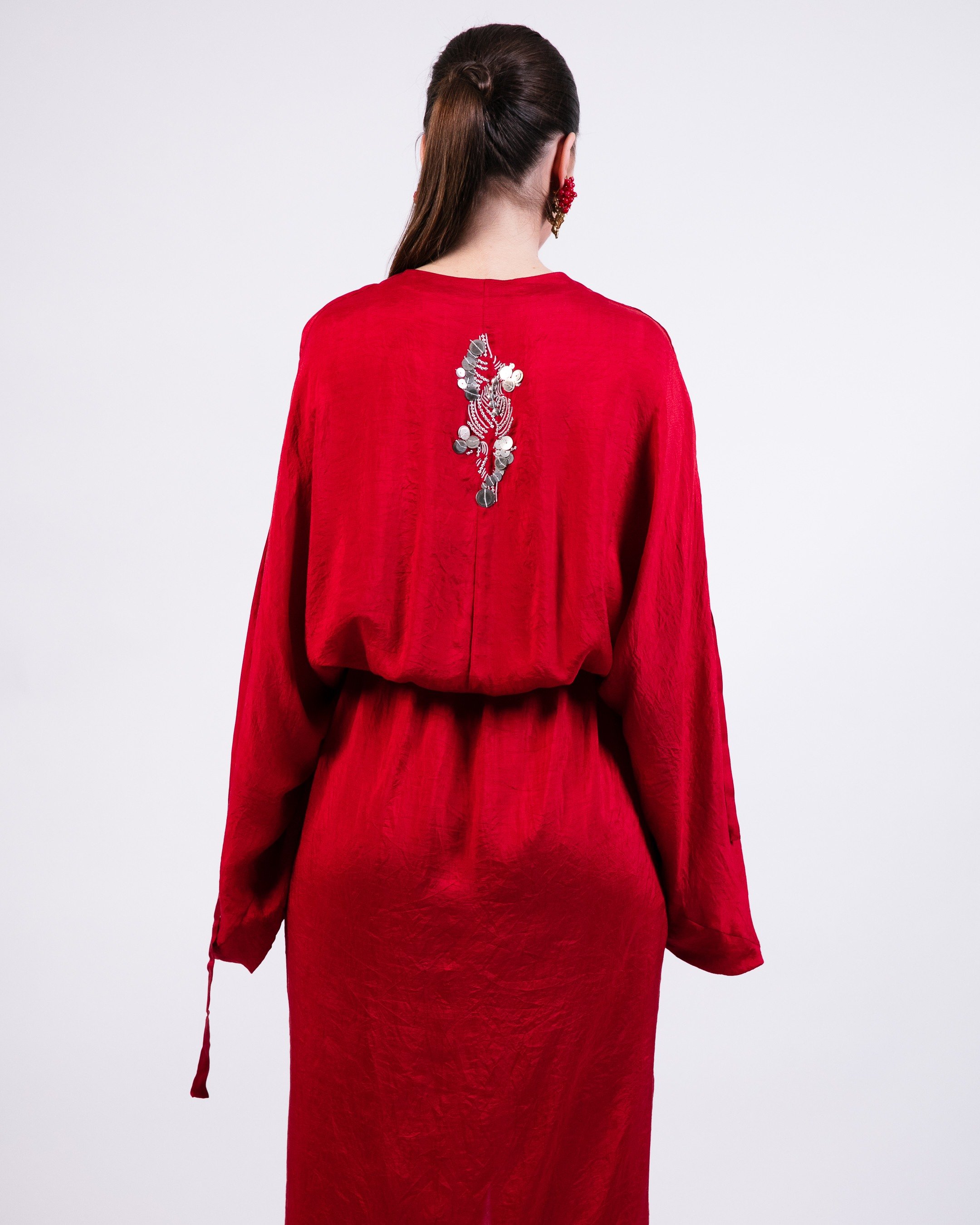 Red Knotted Kaftan with Coin Embroidery