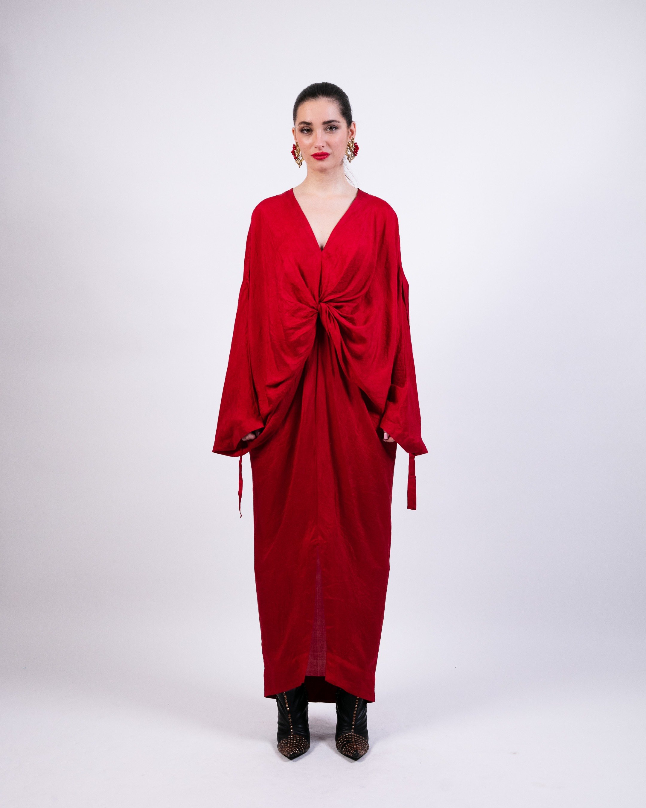 Red Knotted Kaftan with Coin Embroidery