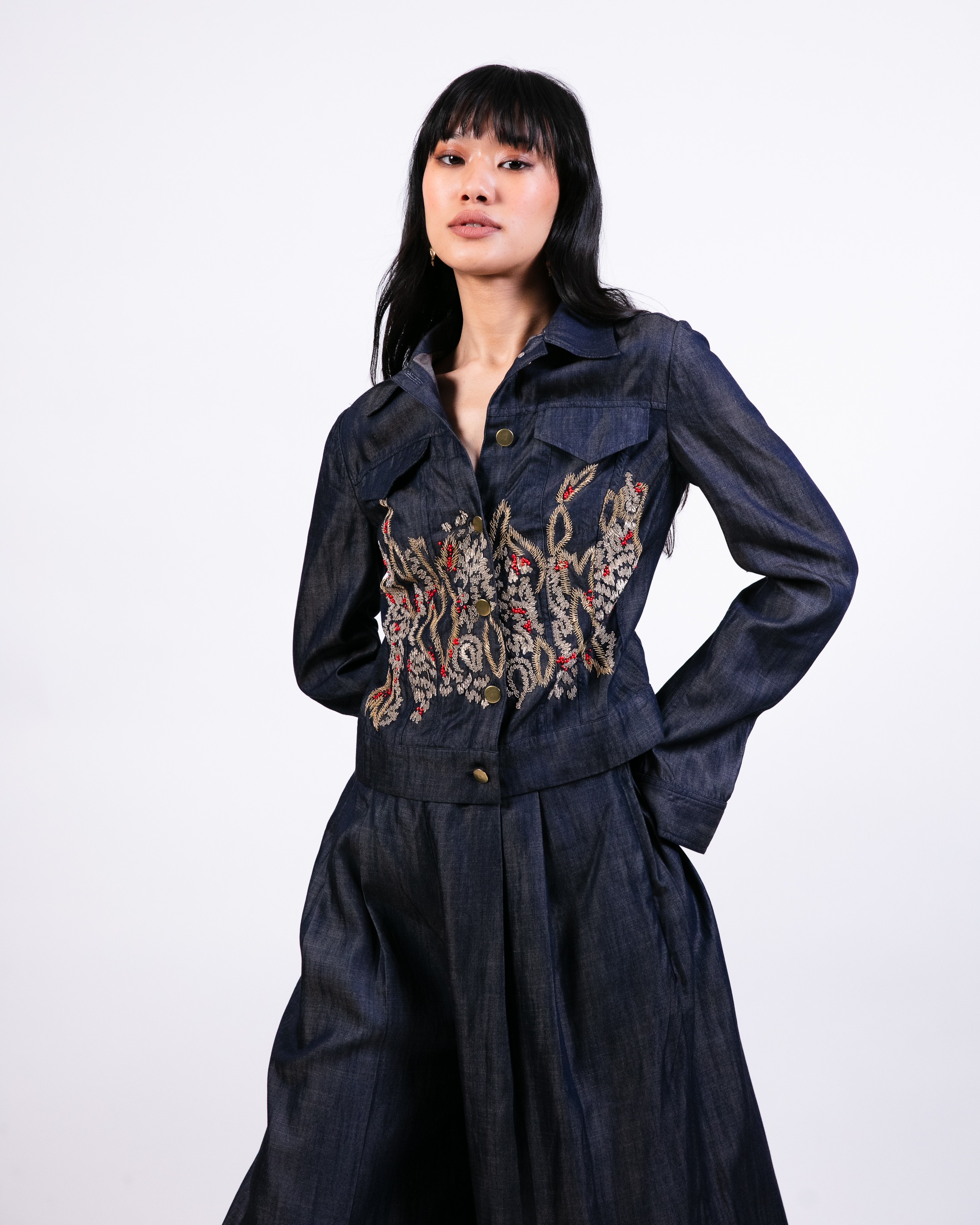 Embroidered jacket with flared pants