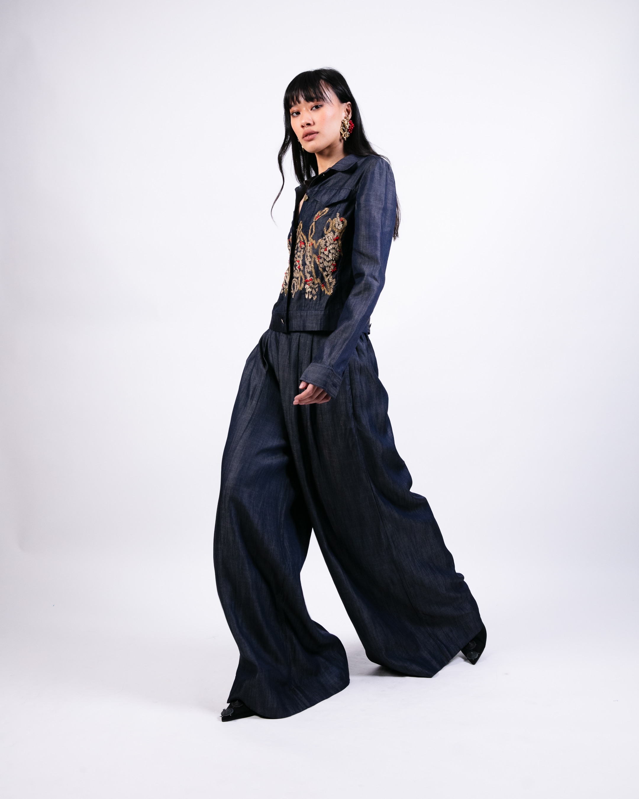 Embroidered jacket with flared pants