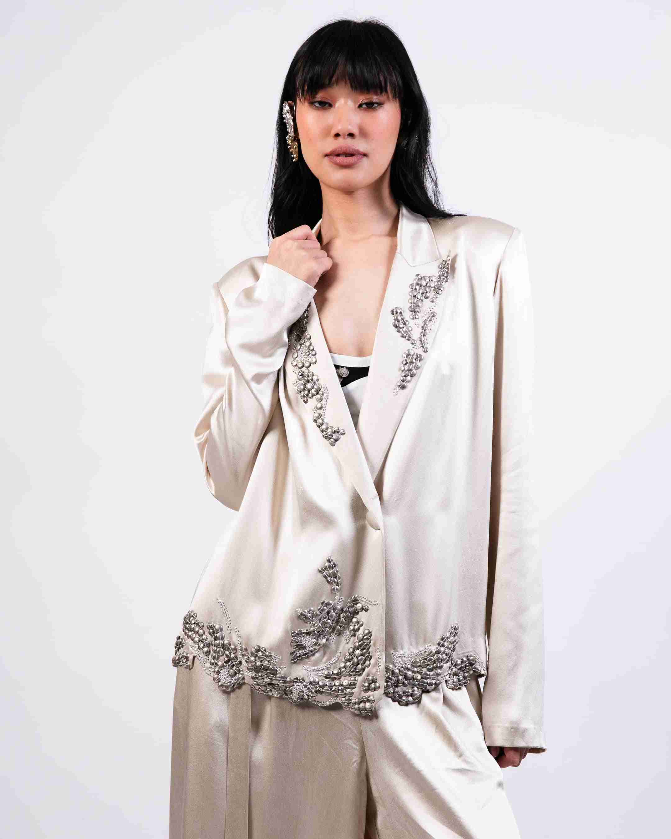 Coin Embroidered Blazer with Pants & Lycra Crop Top