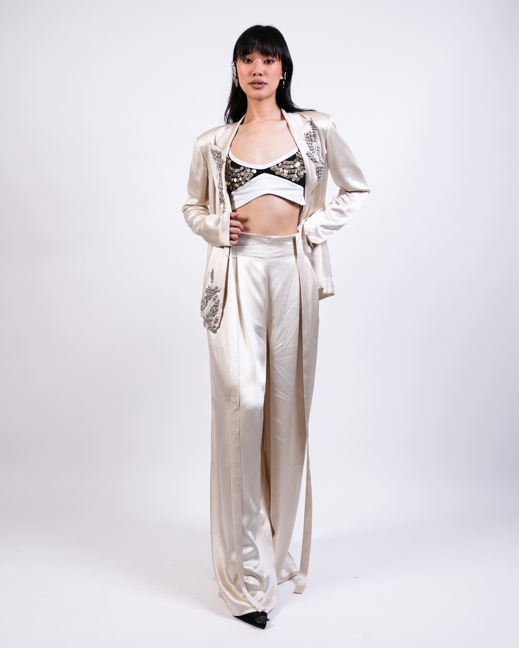 Coin Embroidered Blazer with Pants & Lycra Crop Top