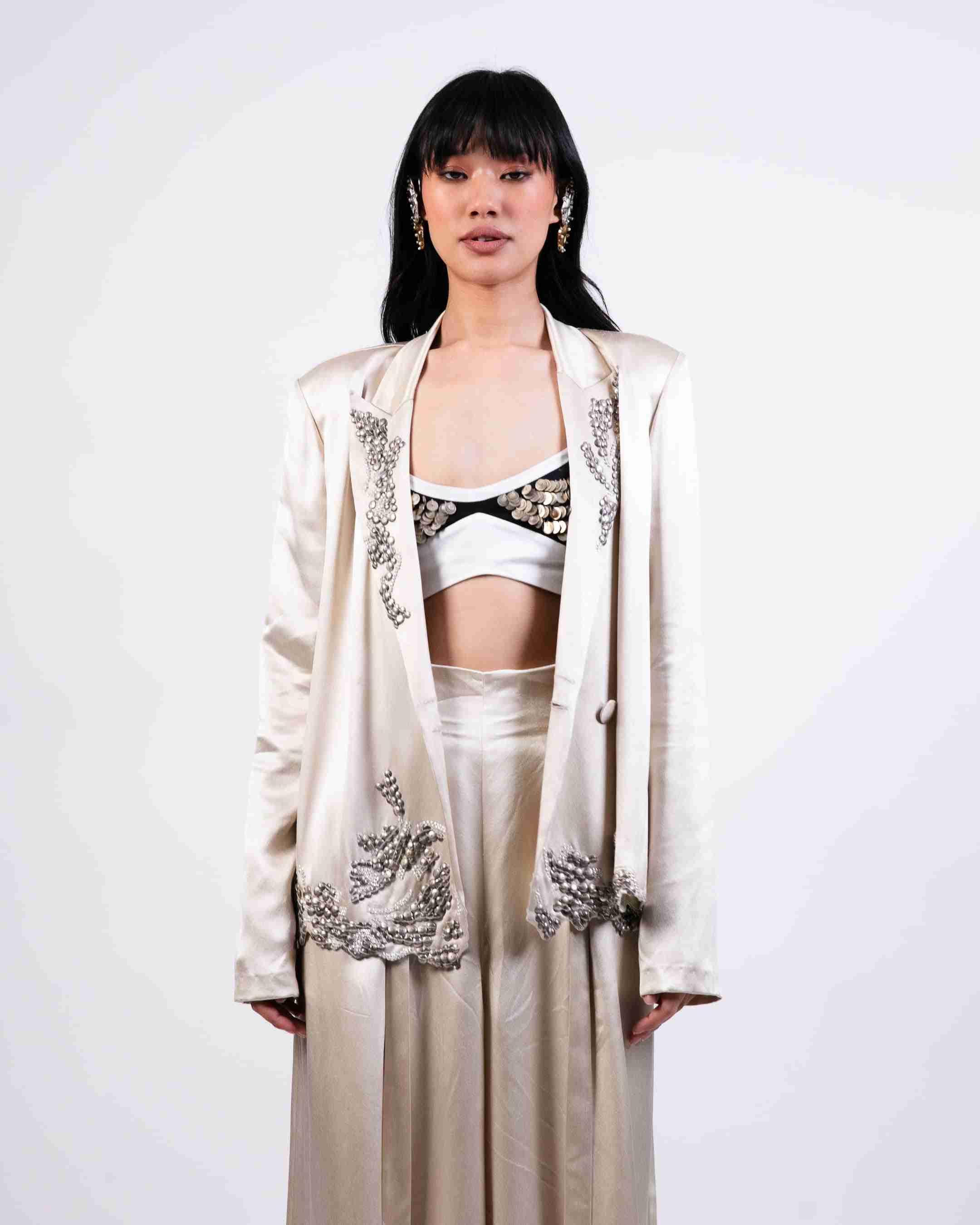 Coin Embroidered Blazer with Pants & Lycra Crop Top