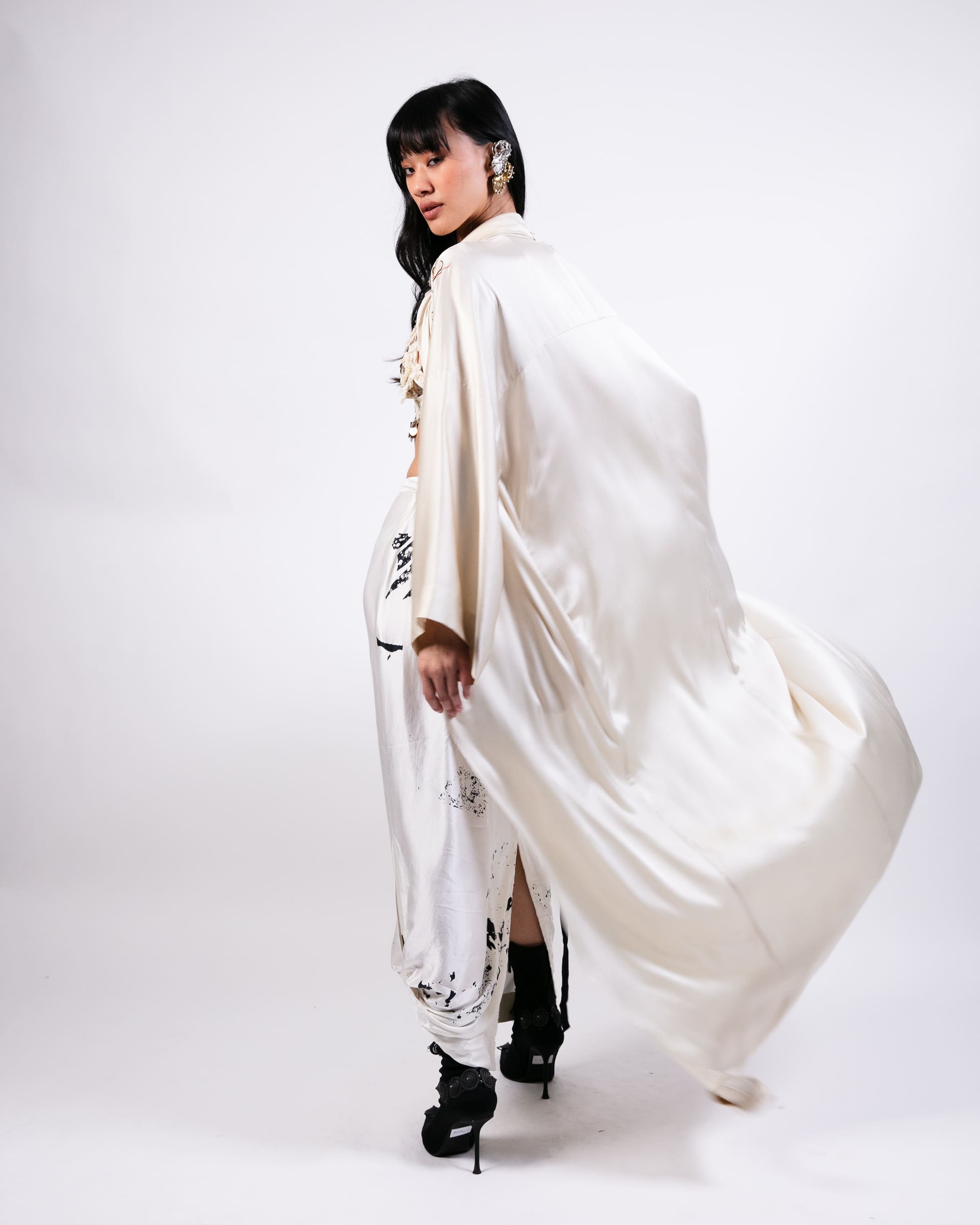 Printed Silk Lungi Skirt with Shirt Jacket and Crop Top