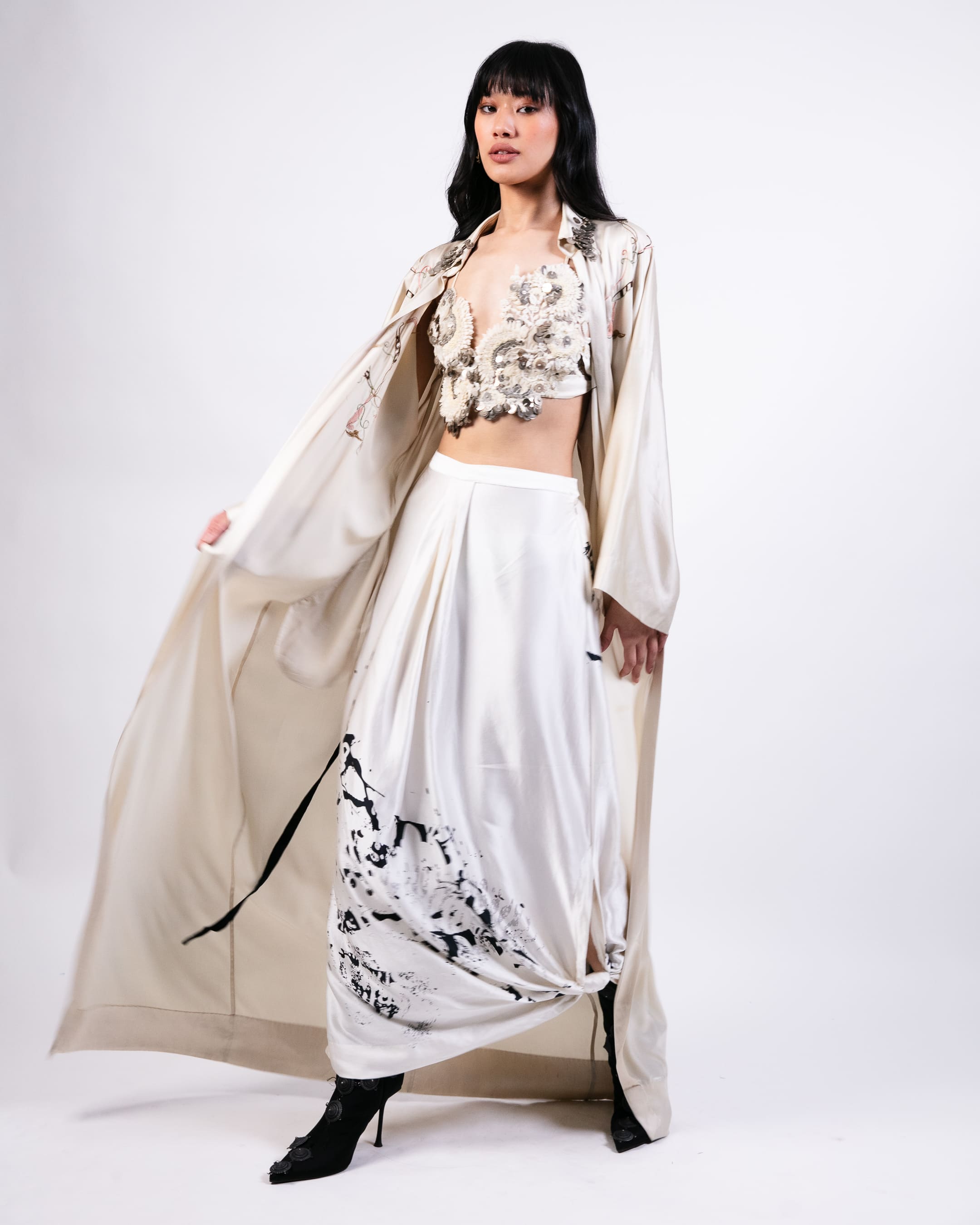 Printed Silk Lungi Skirt with Shirt Jacket and Crop Top