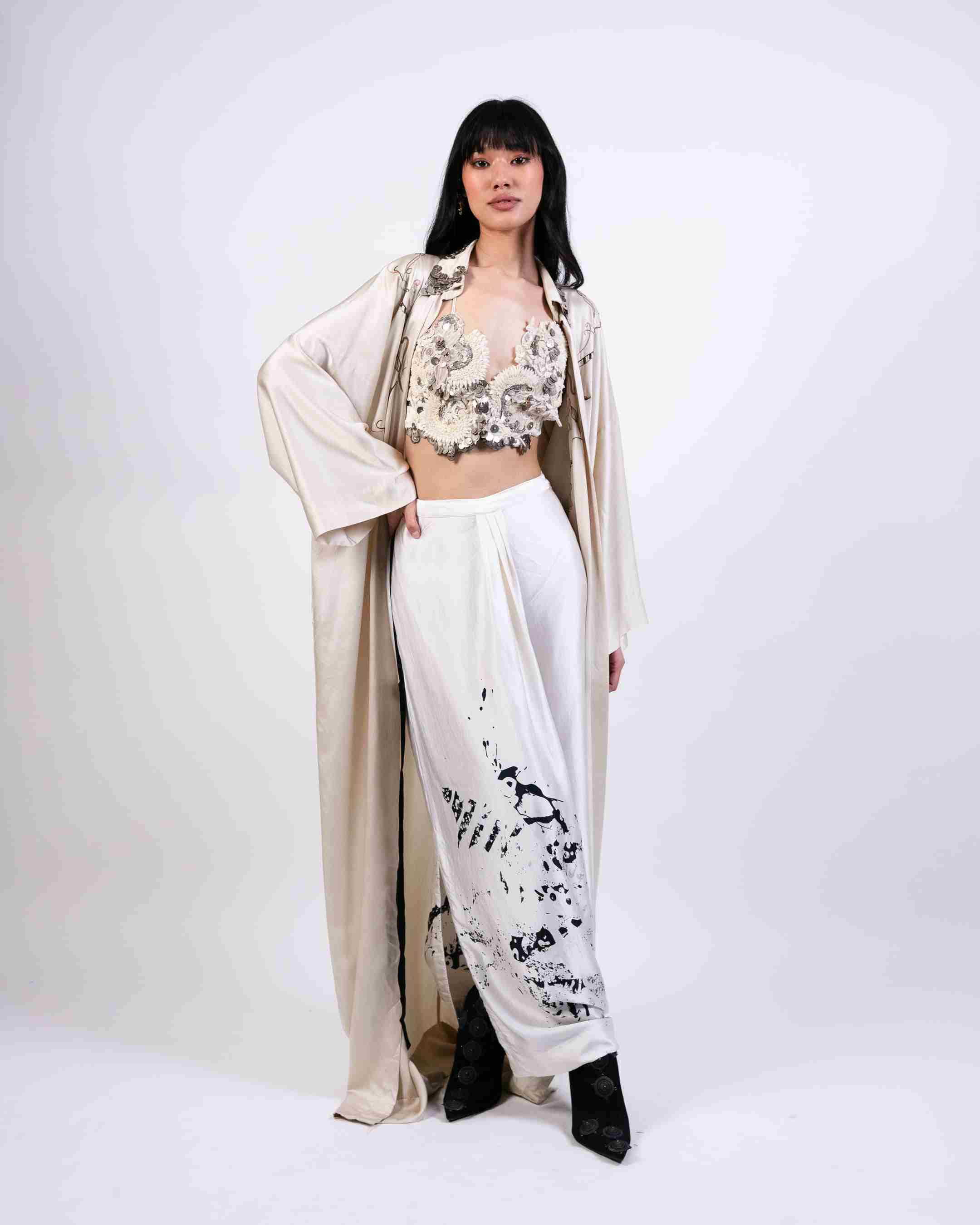 Printed Silk Lungi Skirt with Shirt Jacket and Crop Top
