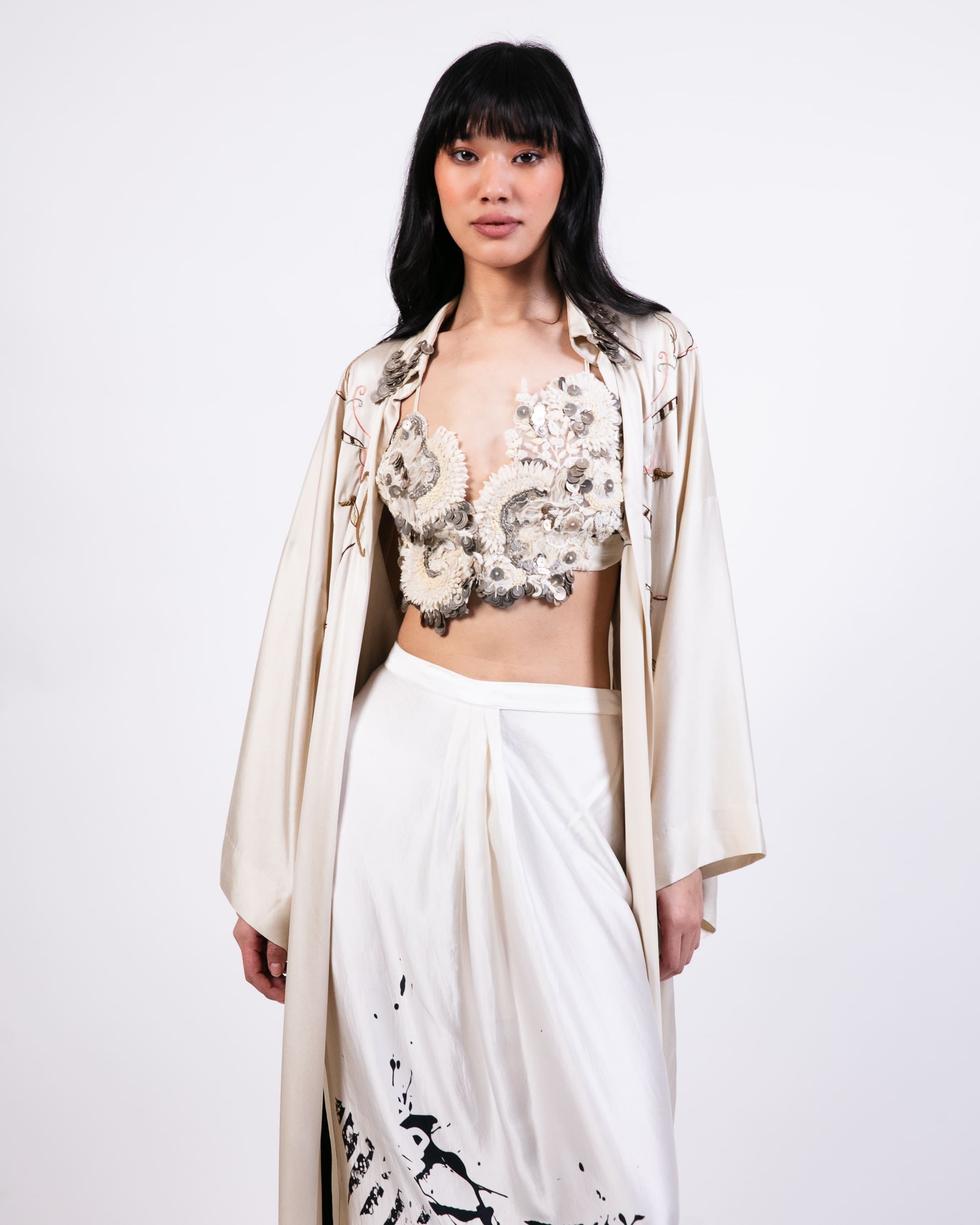 Printed Silk Lungi Skirt with Shirt Jacket and Crop Top