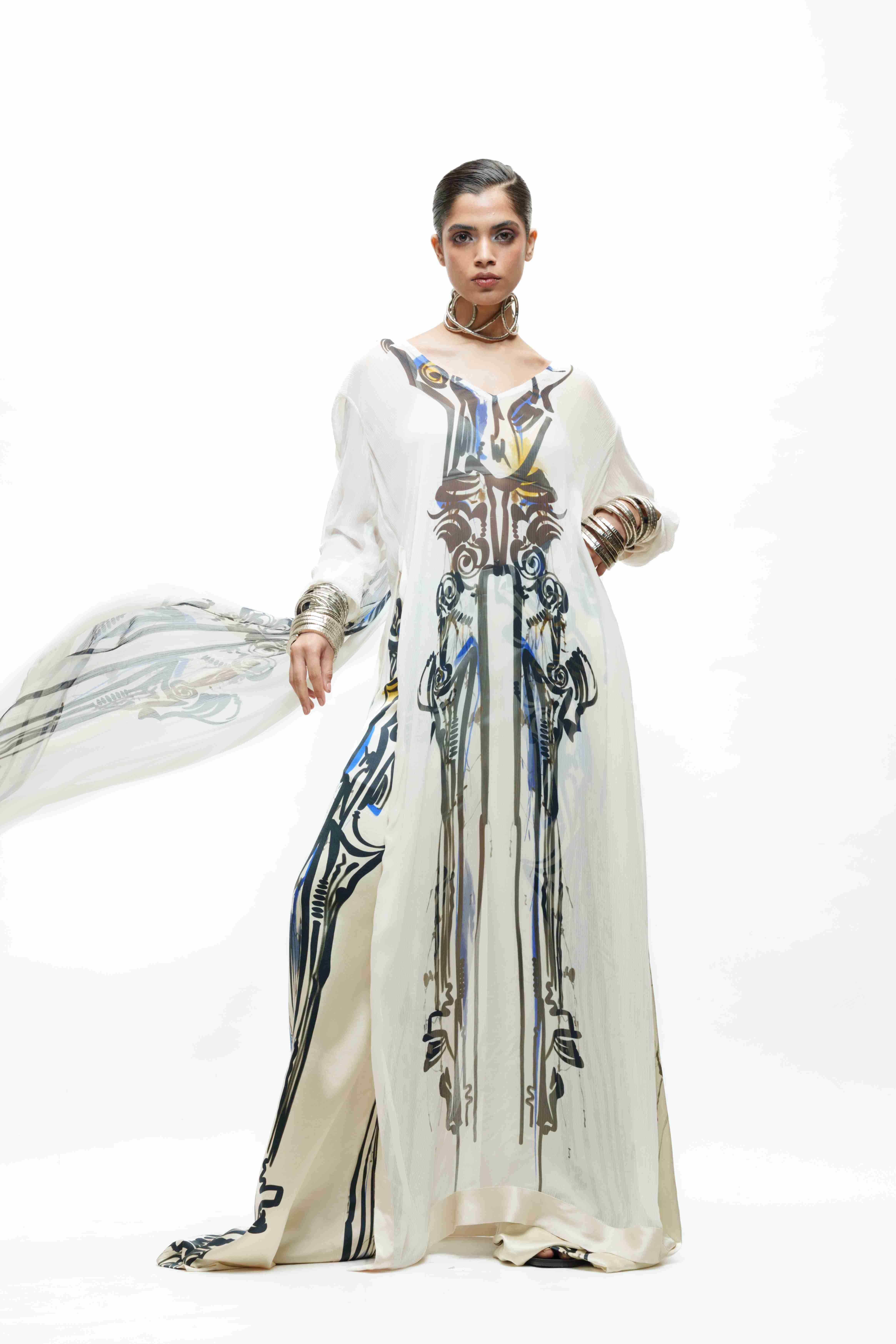 Printed Ivory Silk Long Kurta with Bra Top and Flared Trouser
