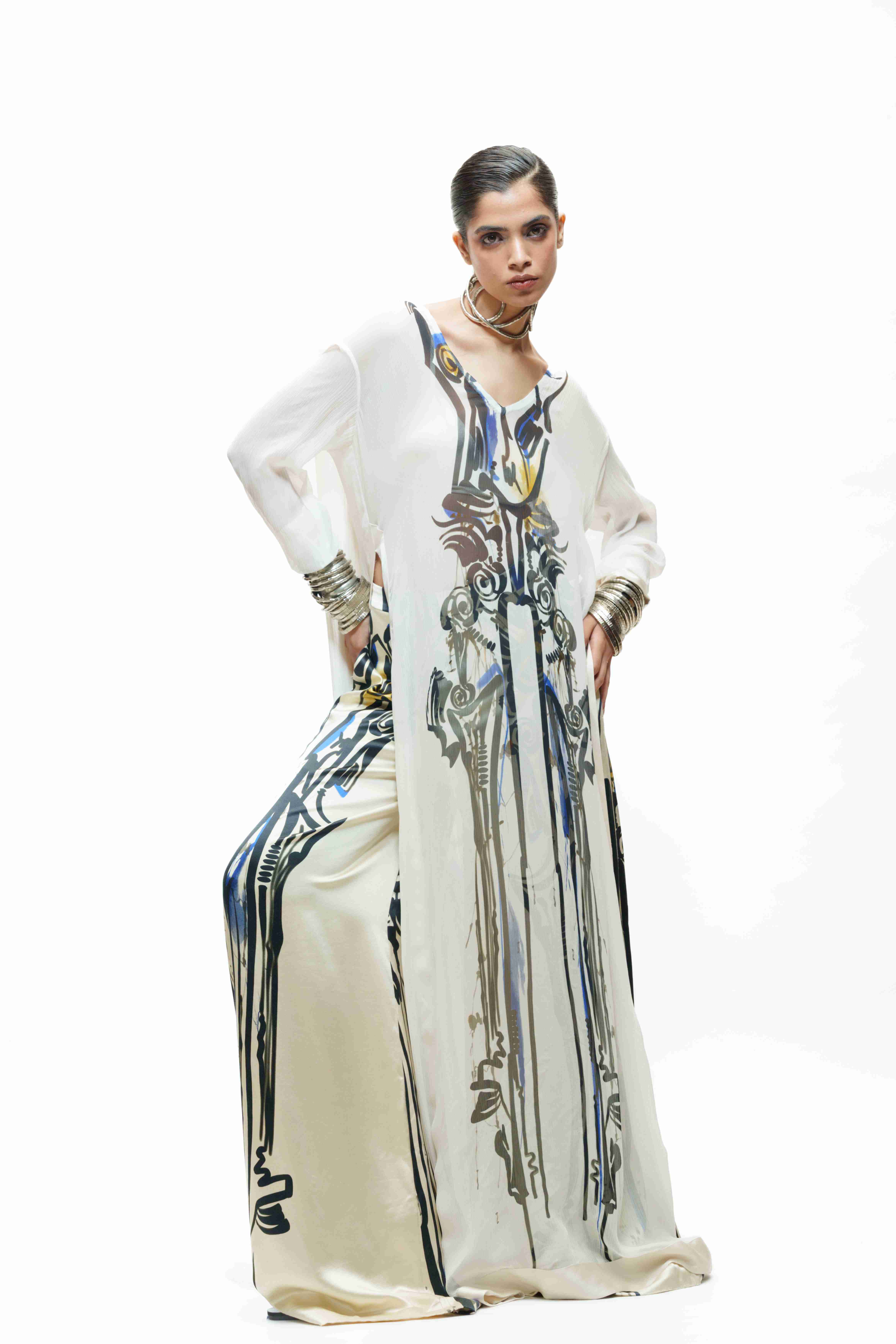 Printed Ivory Silk Long Kurta with Bra Top and Flared Trouser