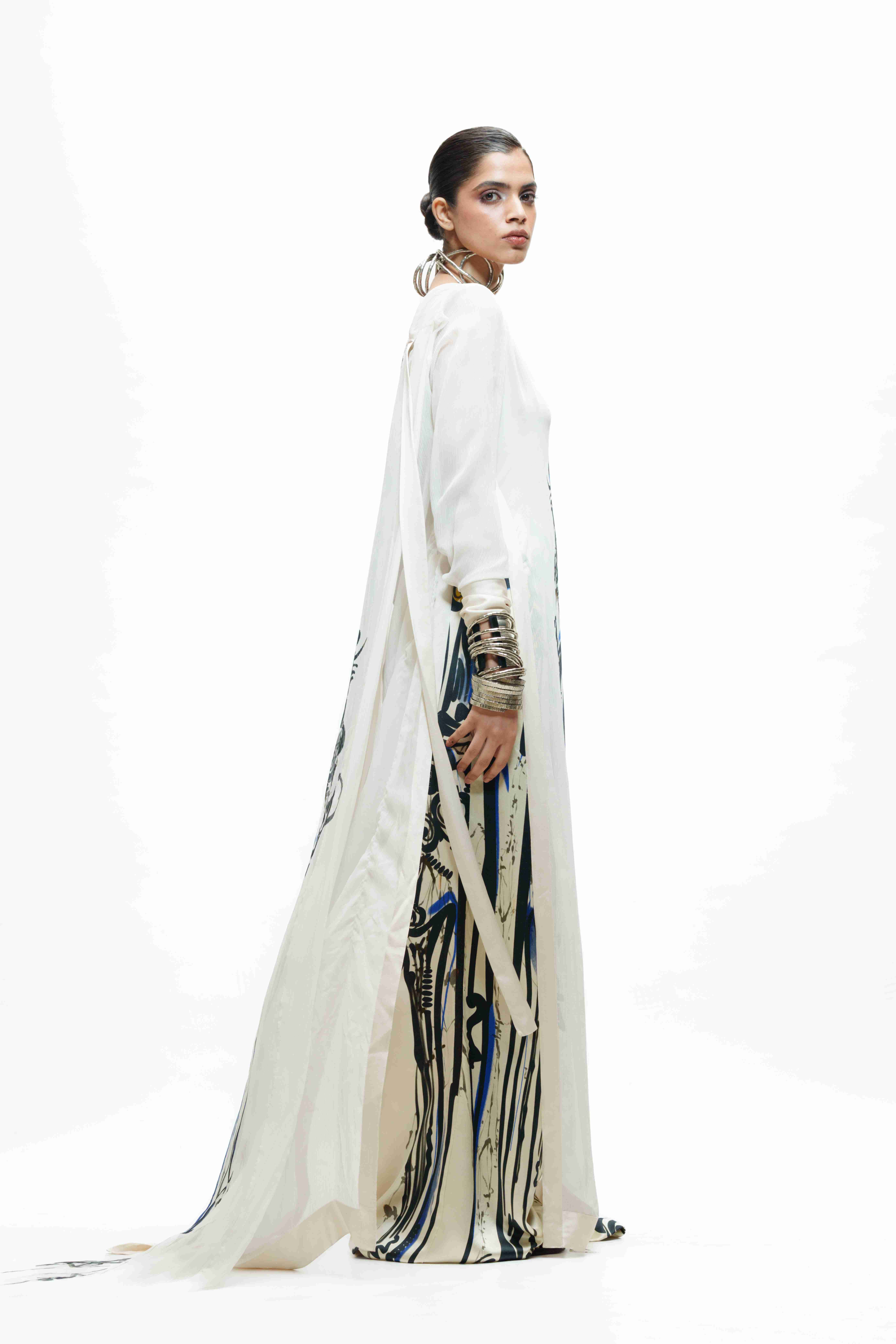 Printed Ivory Silk Long Kurta with Bra Top and Flared Trouser