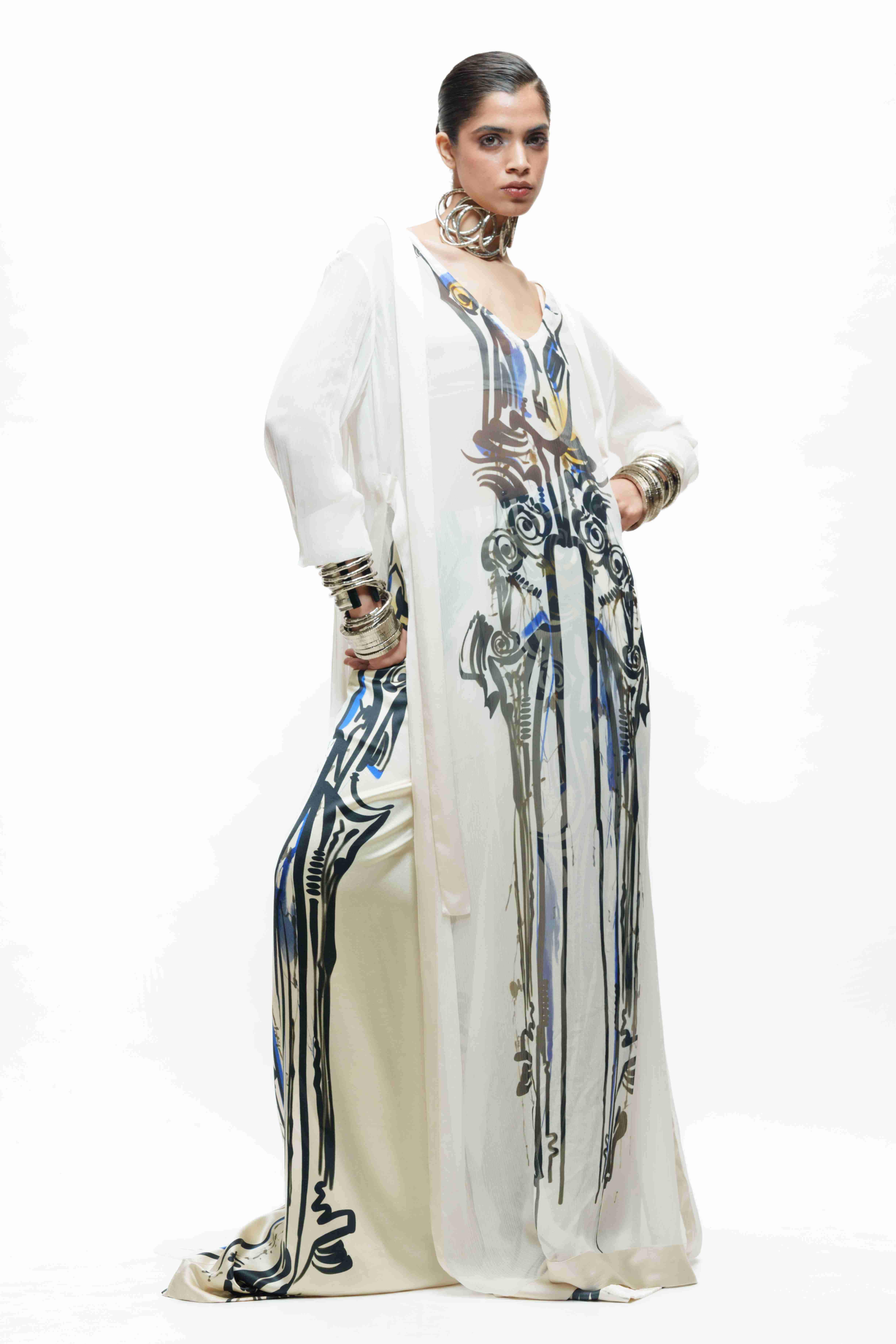 Printed Ivory Silk Long Kurta with Bra Top and Flared Trouser