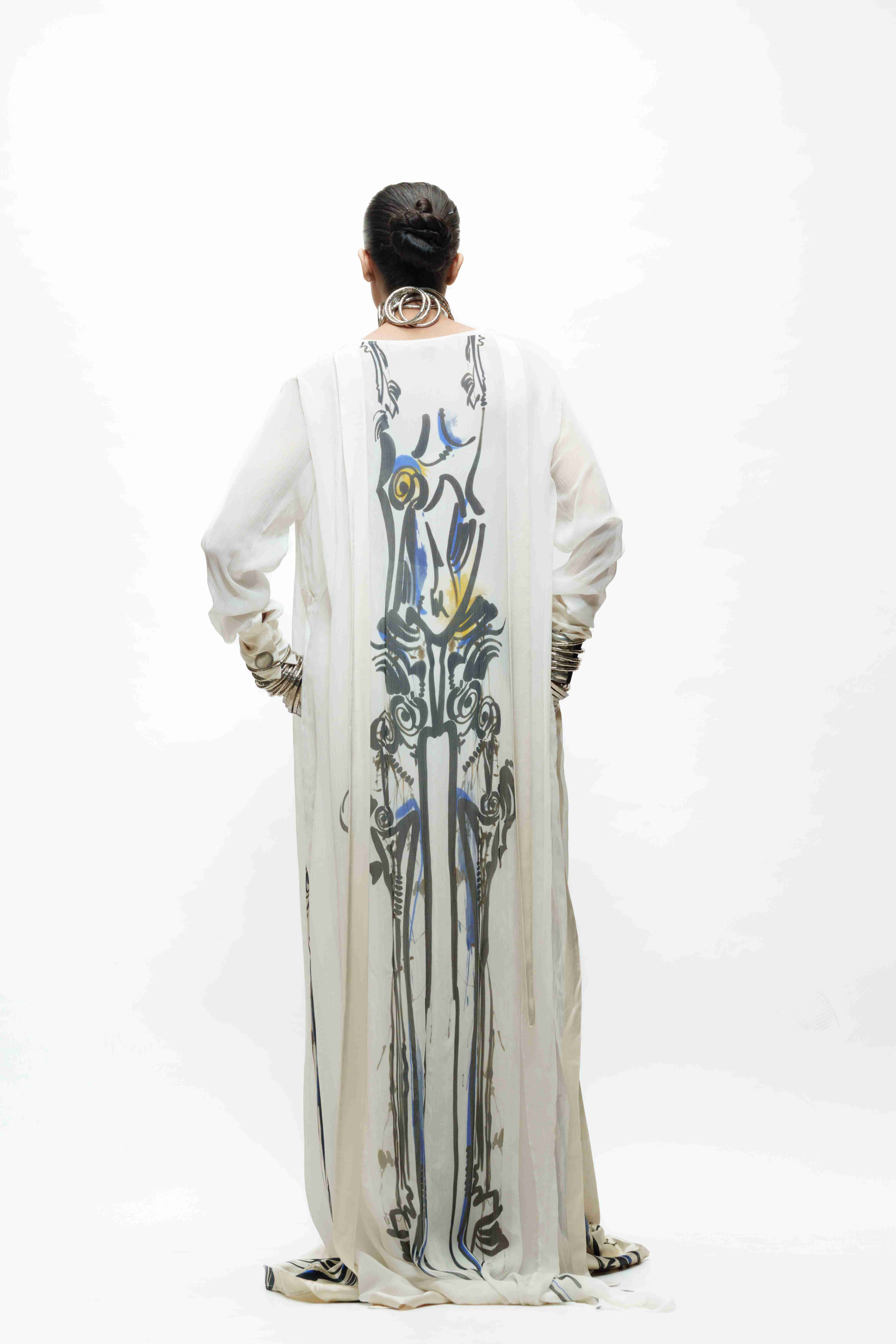 Printed Ivory Silk Long Kurta with Bra Top and Flared Trouser