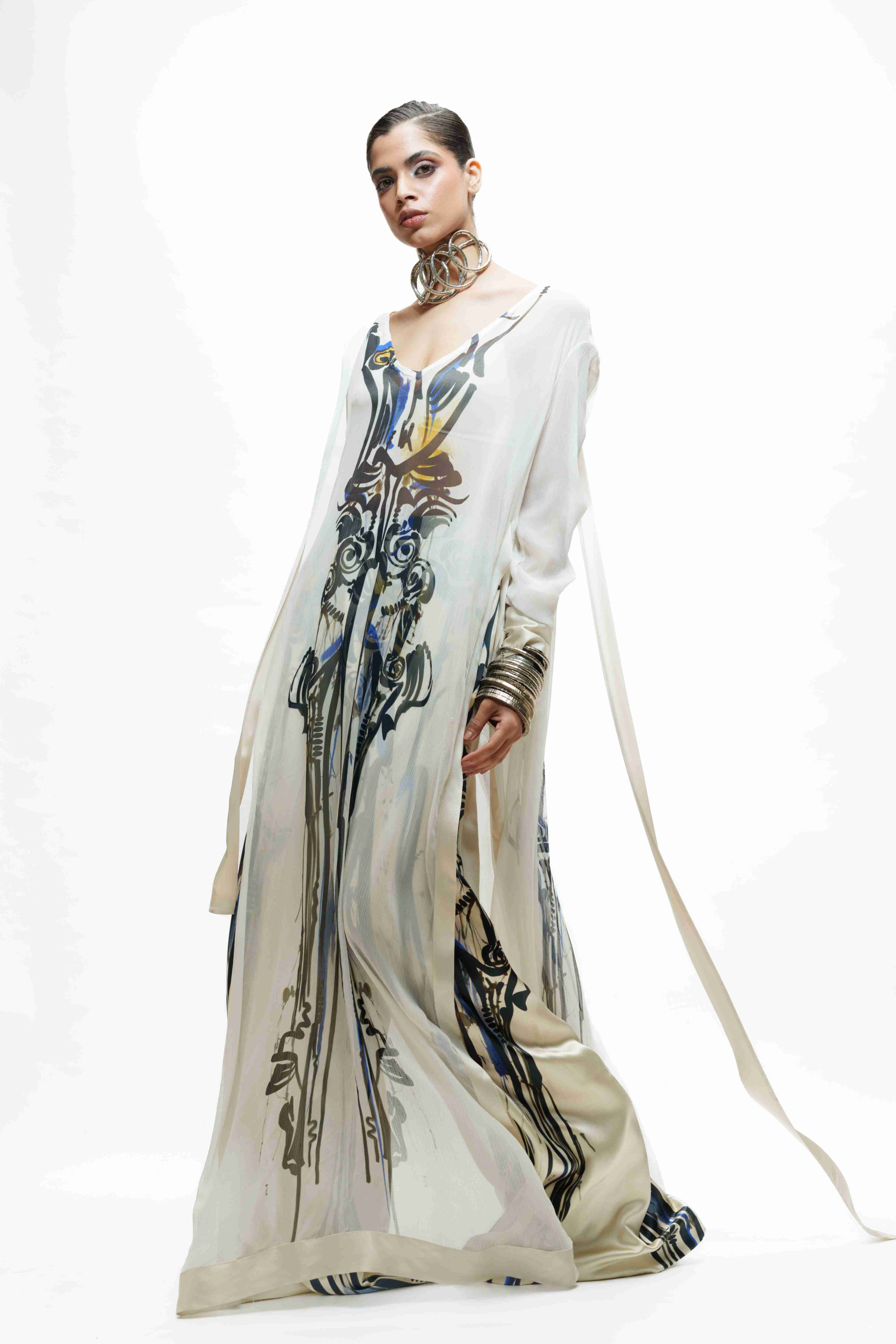 Printed Ivory Silk Long Kurta with Bra Top and Flared Trouser