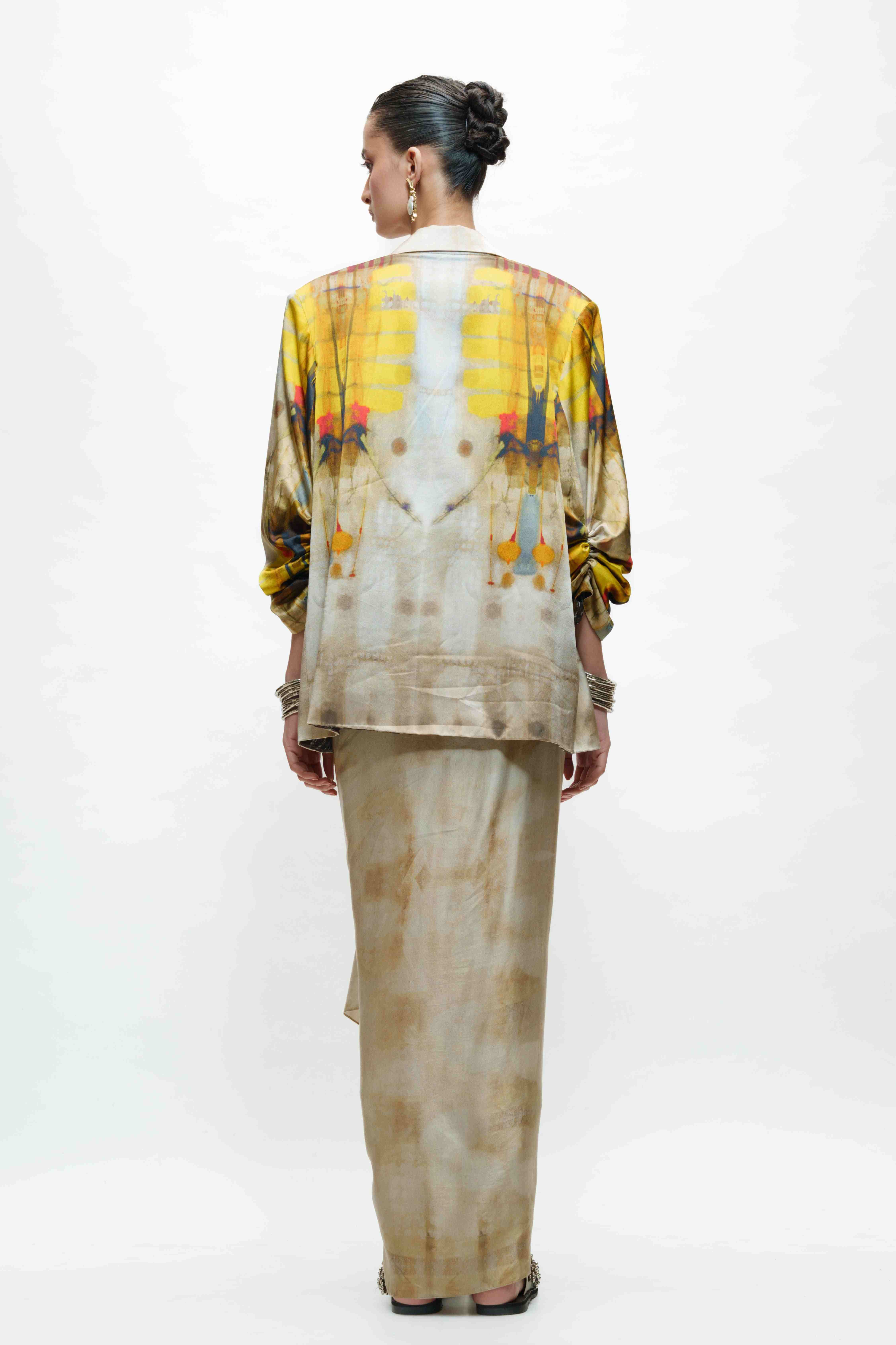 Printed Oversised Blazer with Crop Top and Knotted Skirt