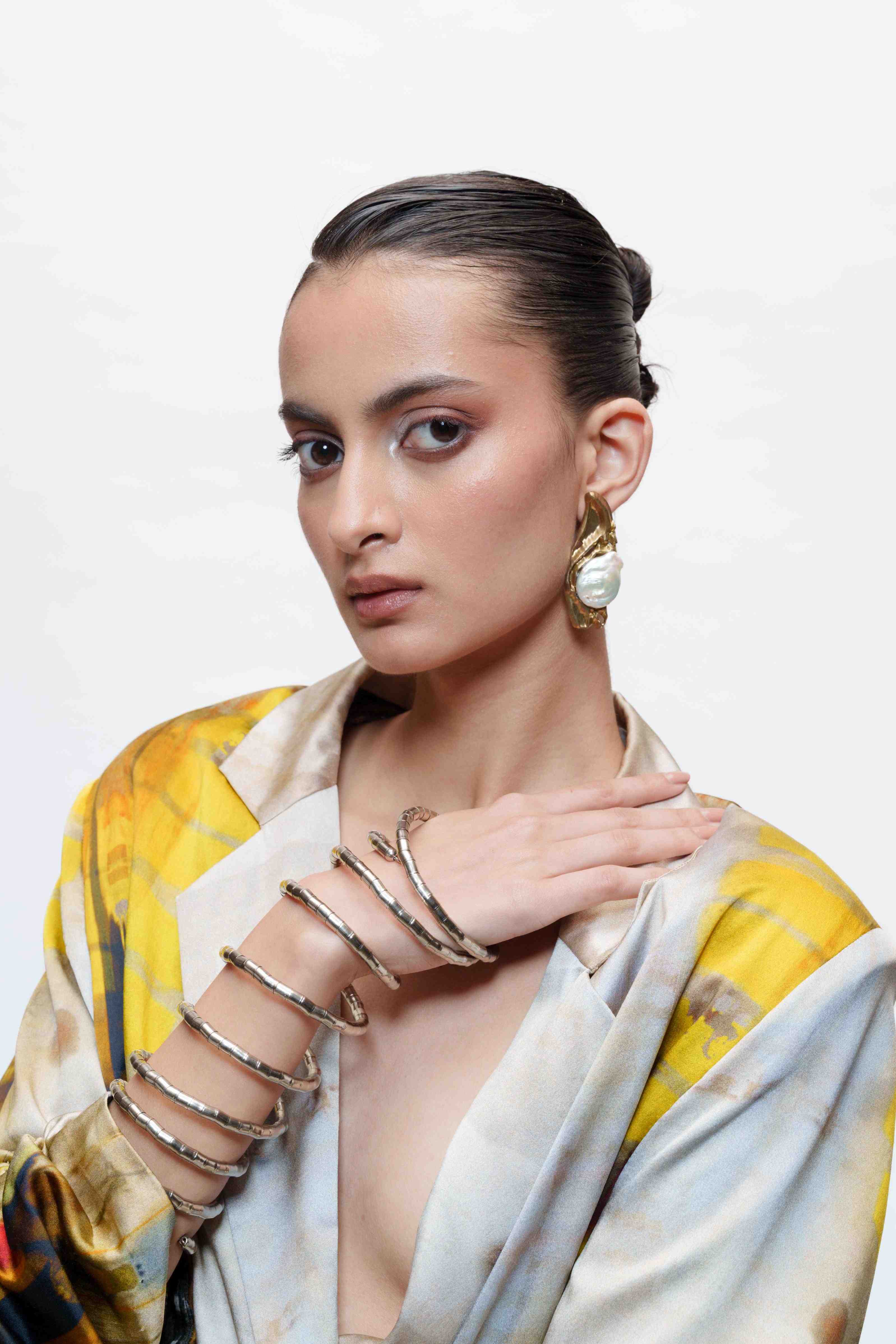Printed Oversised Blazer with Crop Top and Knotted Skirt