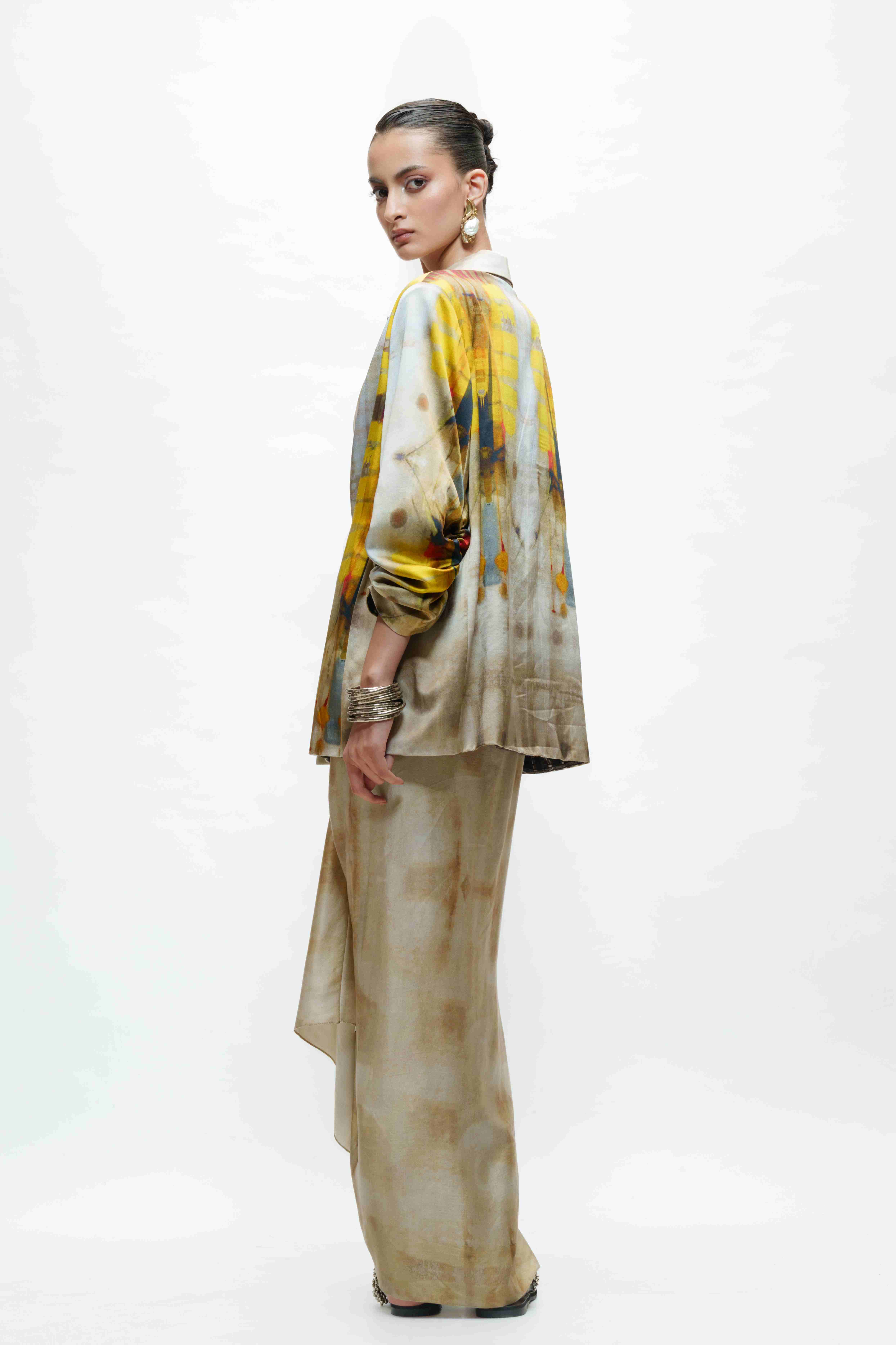 Printed Oversised Blazer with Crop Top and Knotted Skirt