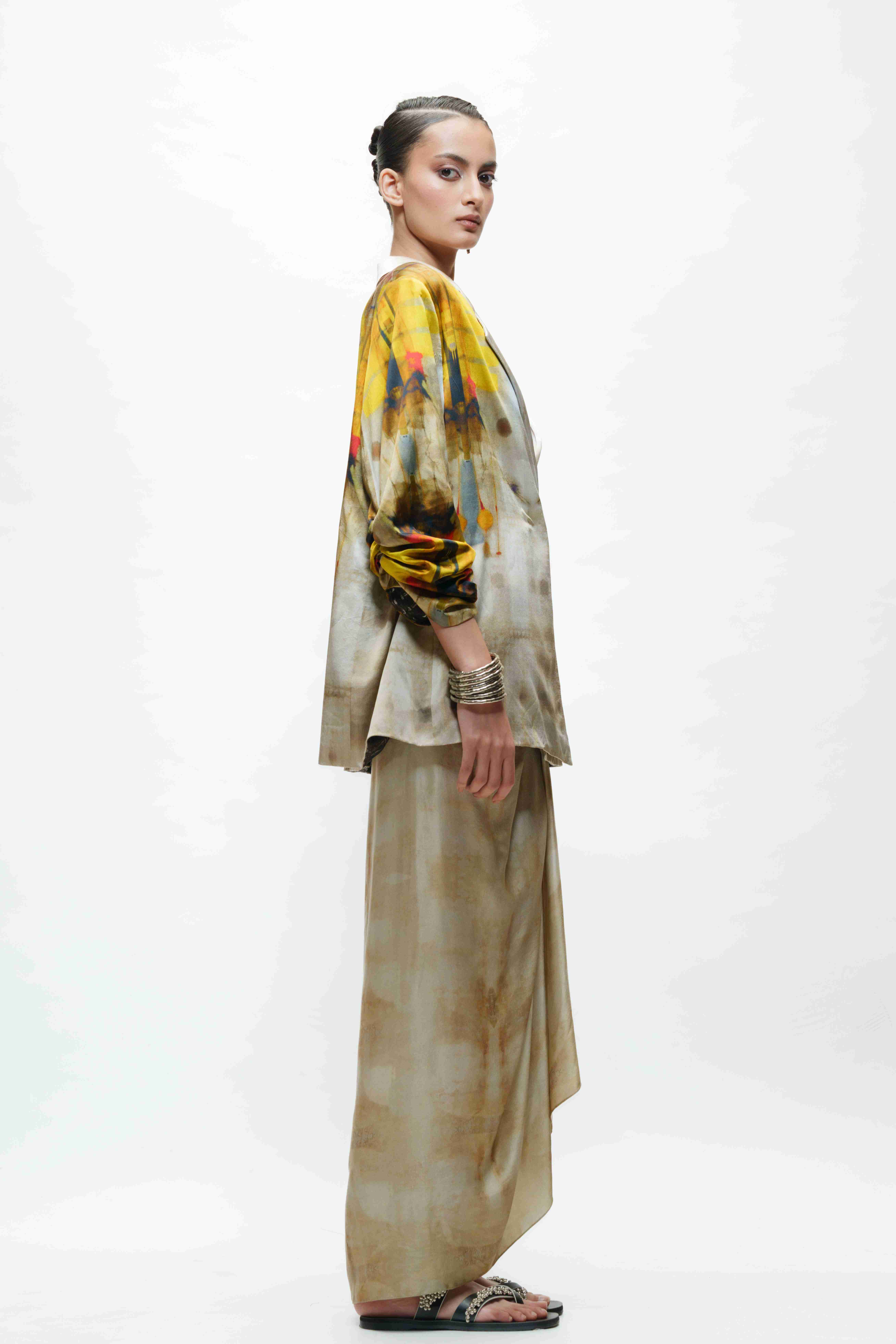 Printed Oversised Blazer with Crop Top and Knotted Skirt