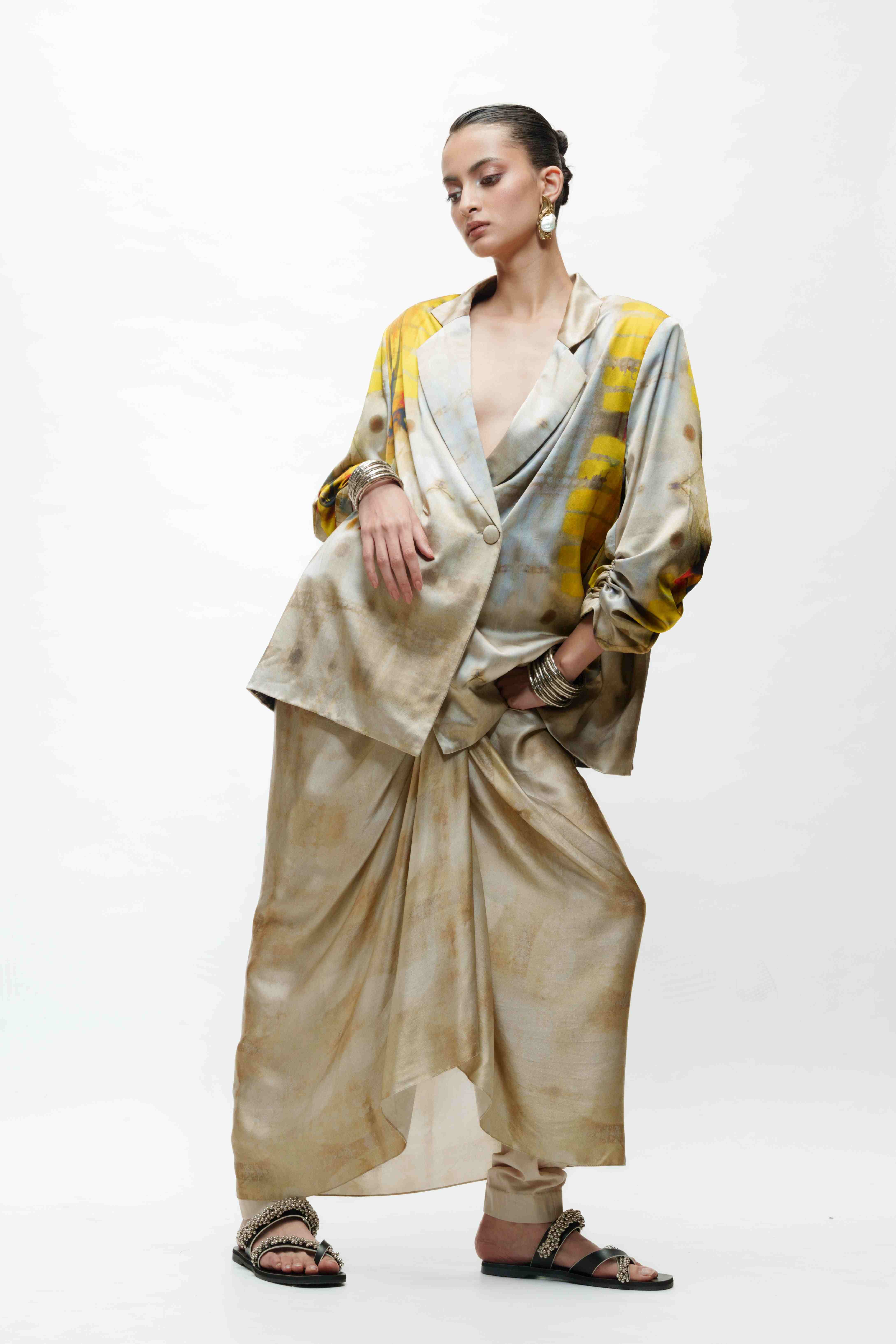 Printed Oversised Blazer with Crop Top and Knotted Skirt