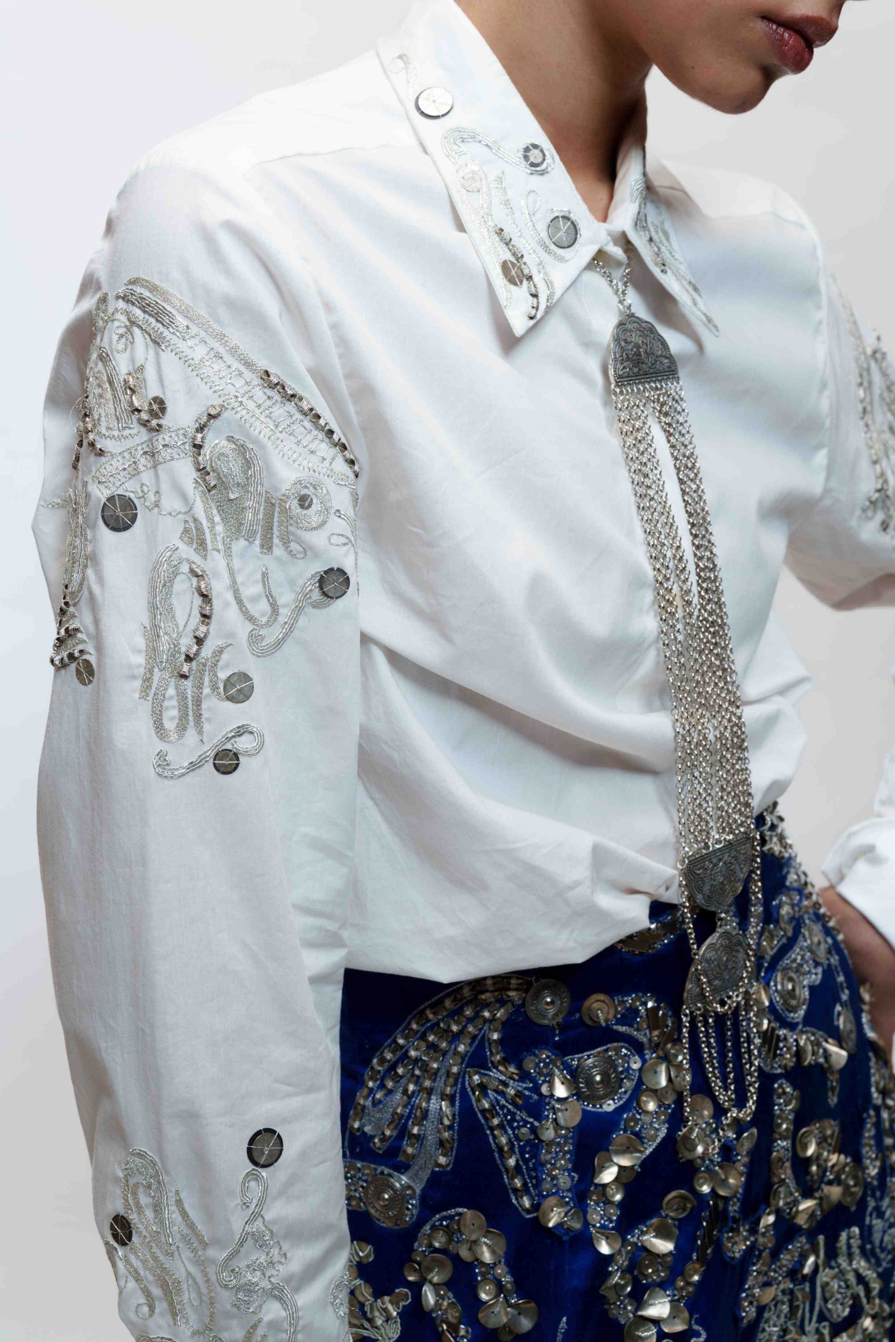 Cotton Shirt with Silver Embroidery