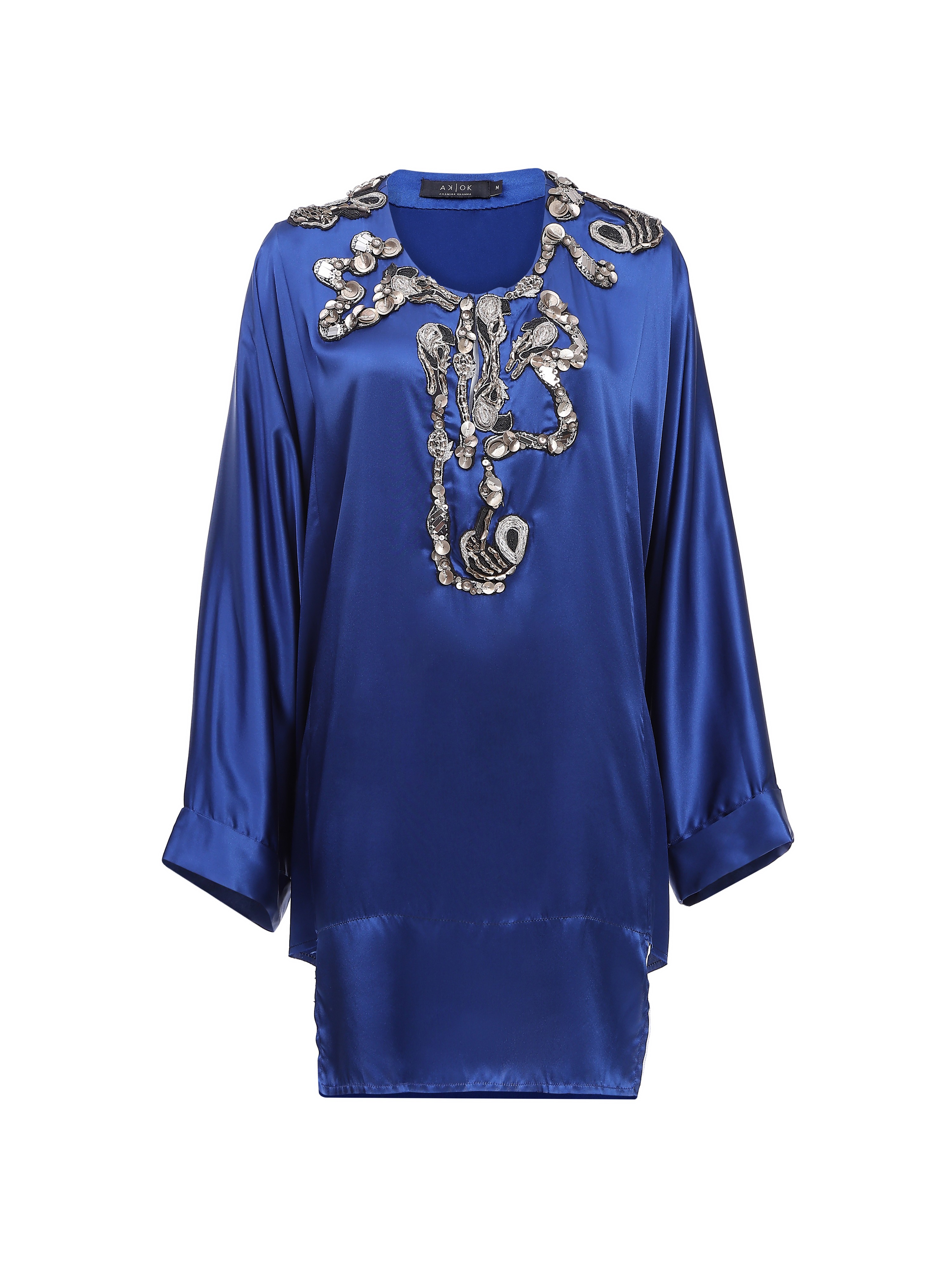 Blue Short Kurta with Embroidered Neckline