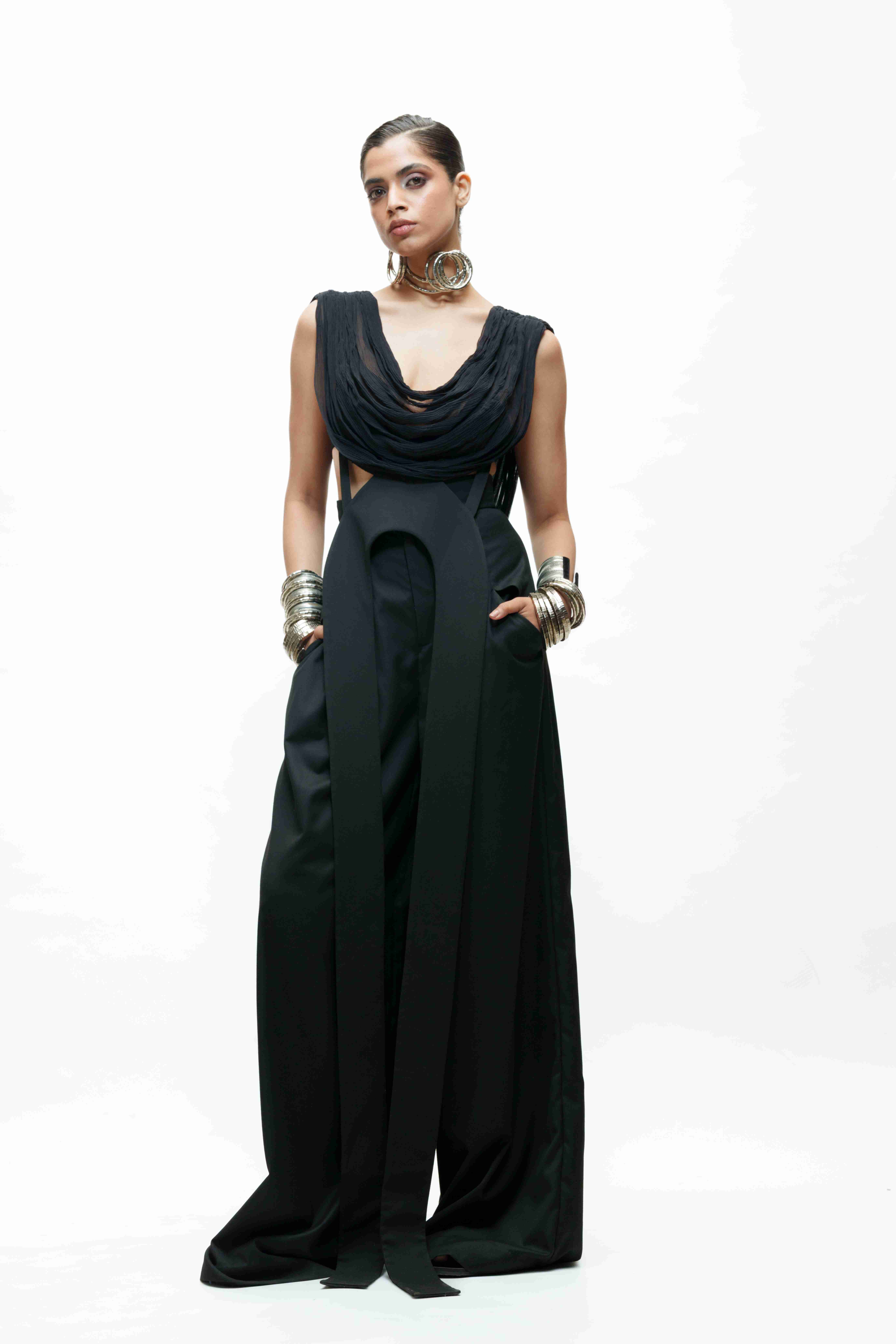 Black U-Shpaed Cowl Top with Low Crotch Mocha Brown Pants
