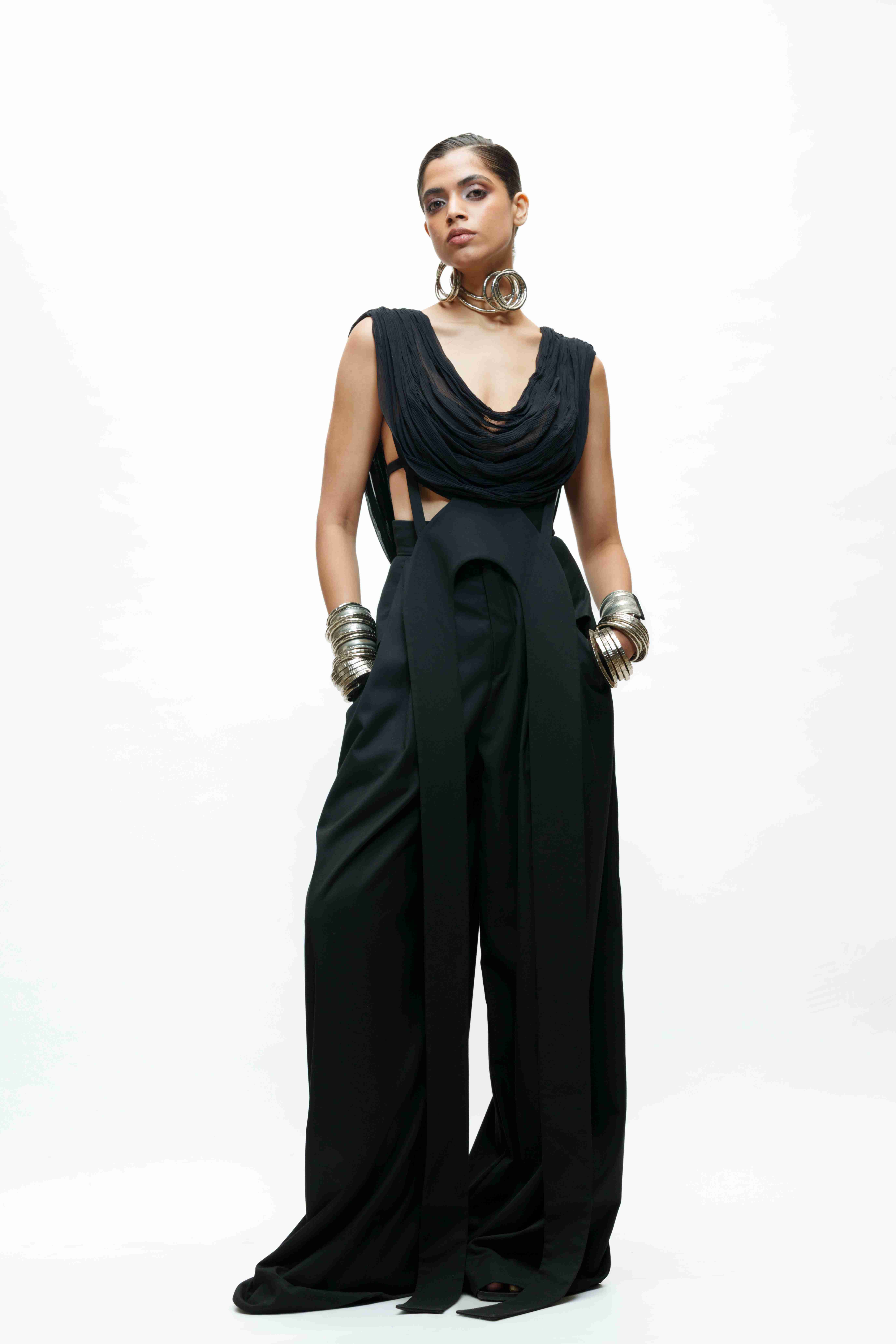 Black U-Shpaed Cowl Top with Low Crotch Mocha Brown Pants