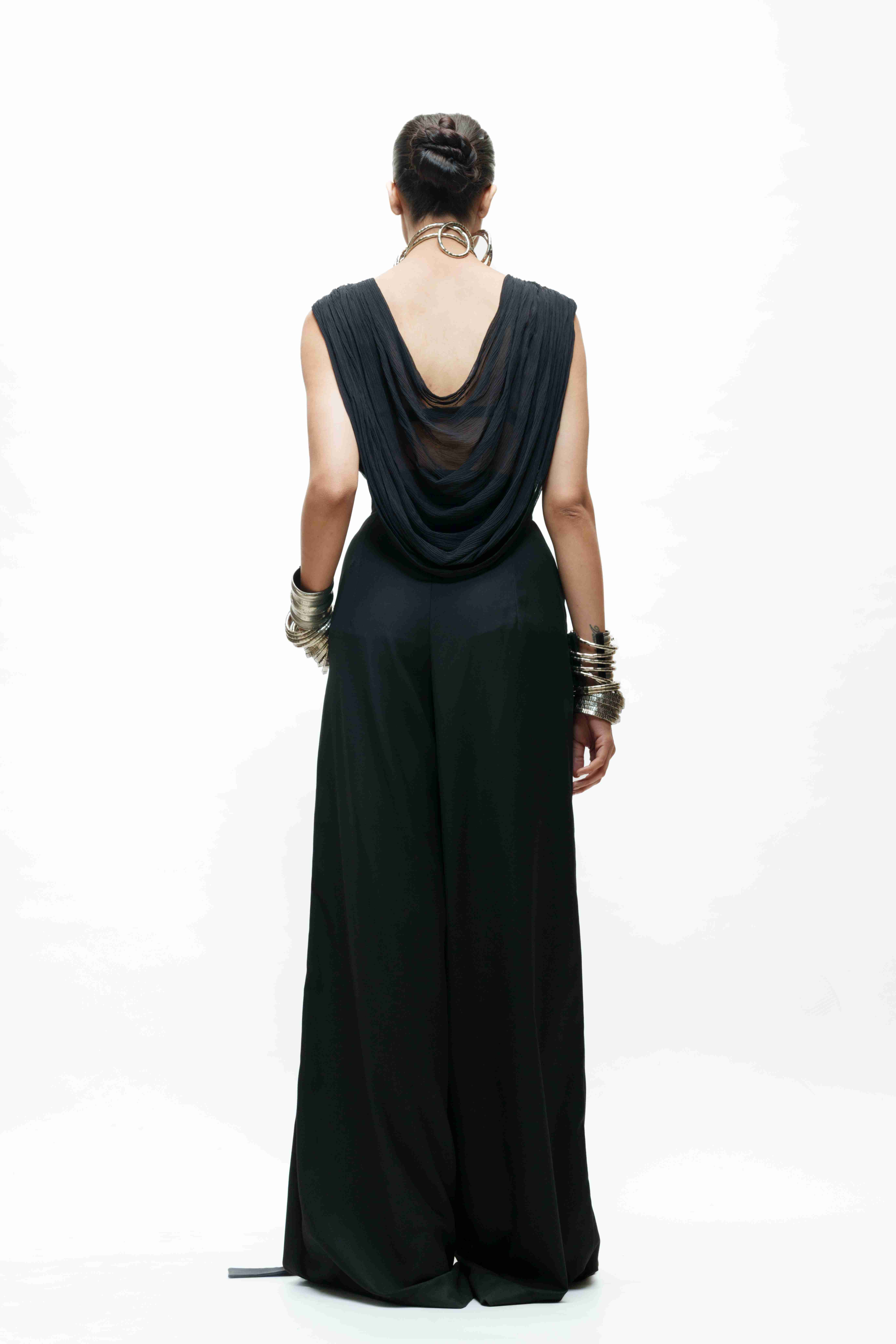 Black U-Shpaed Cowl Top with Low Crotch Mocha Brown Pants