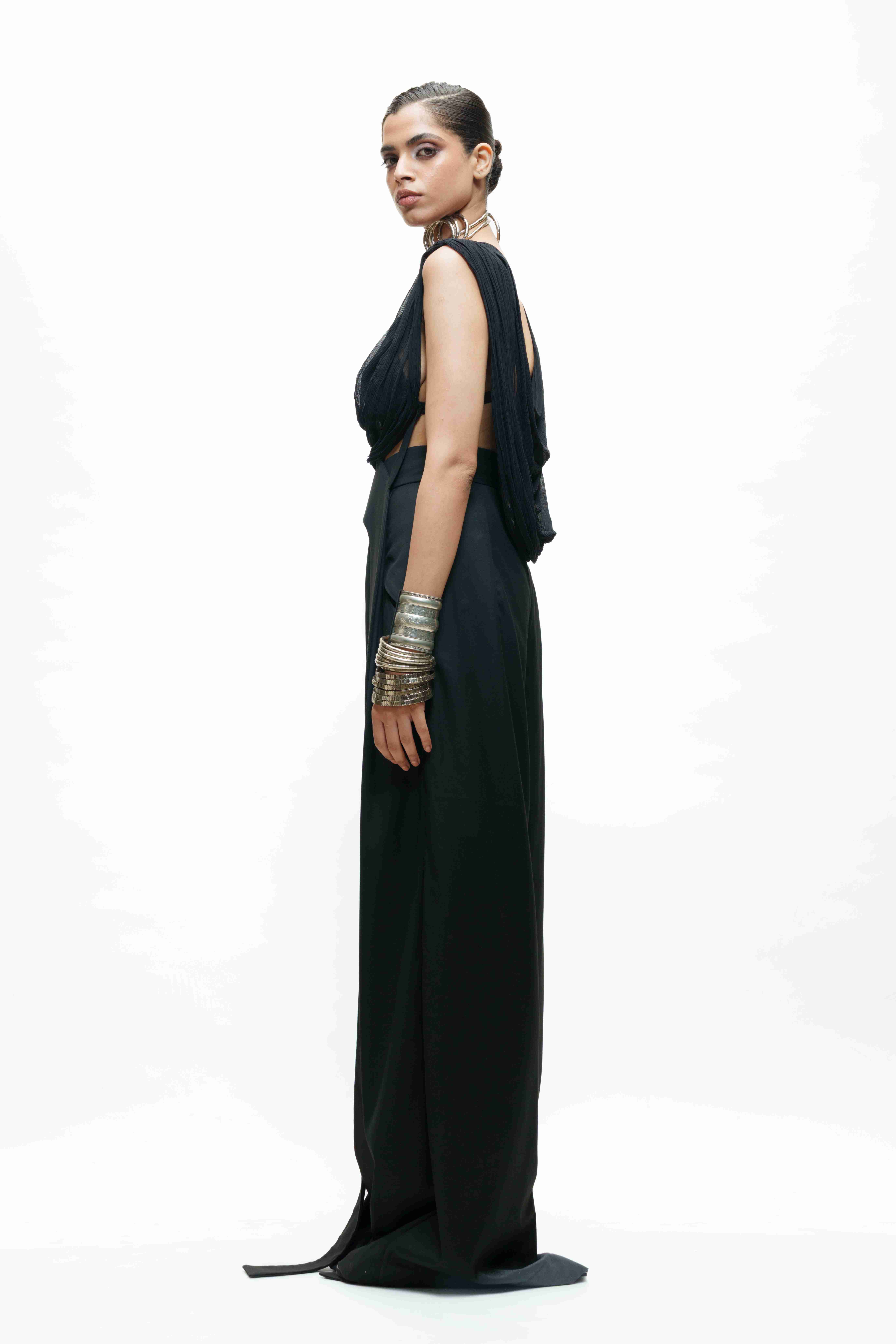 Black U-Shpaed Cowl Top with Low Crotch Mocha Brown Pants