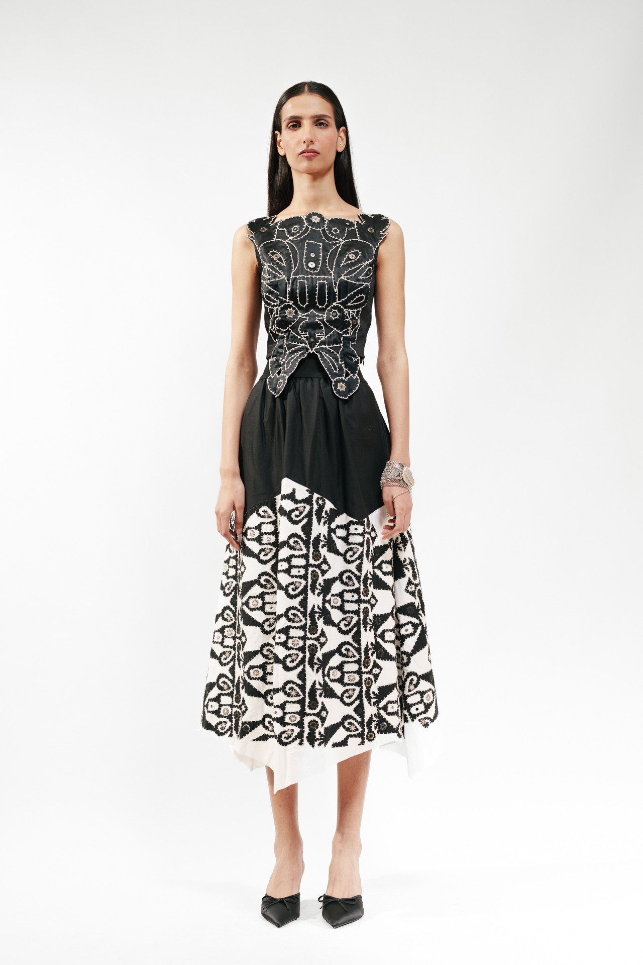 Applique Black & White Gathered Skirt