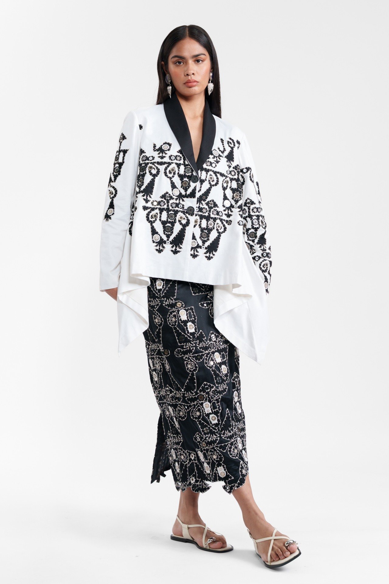 Appliqué Wrap Jacket with Cut-Out Skirt
