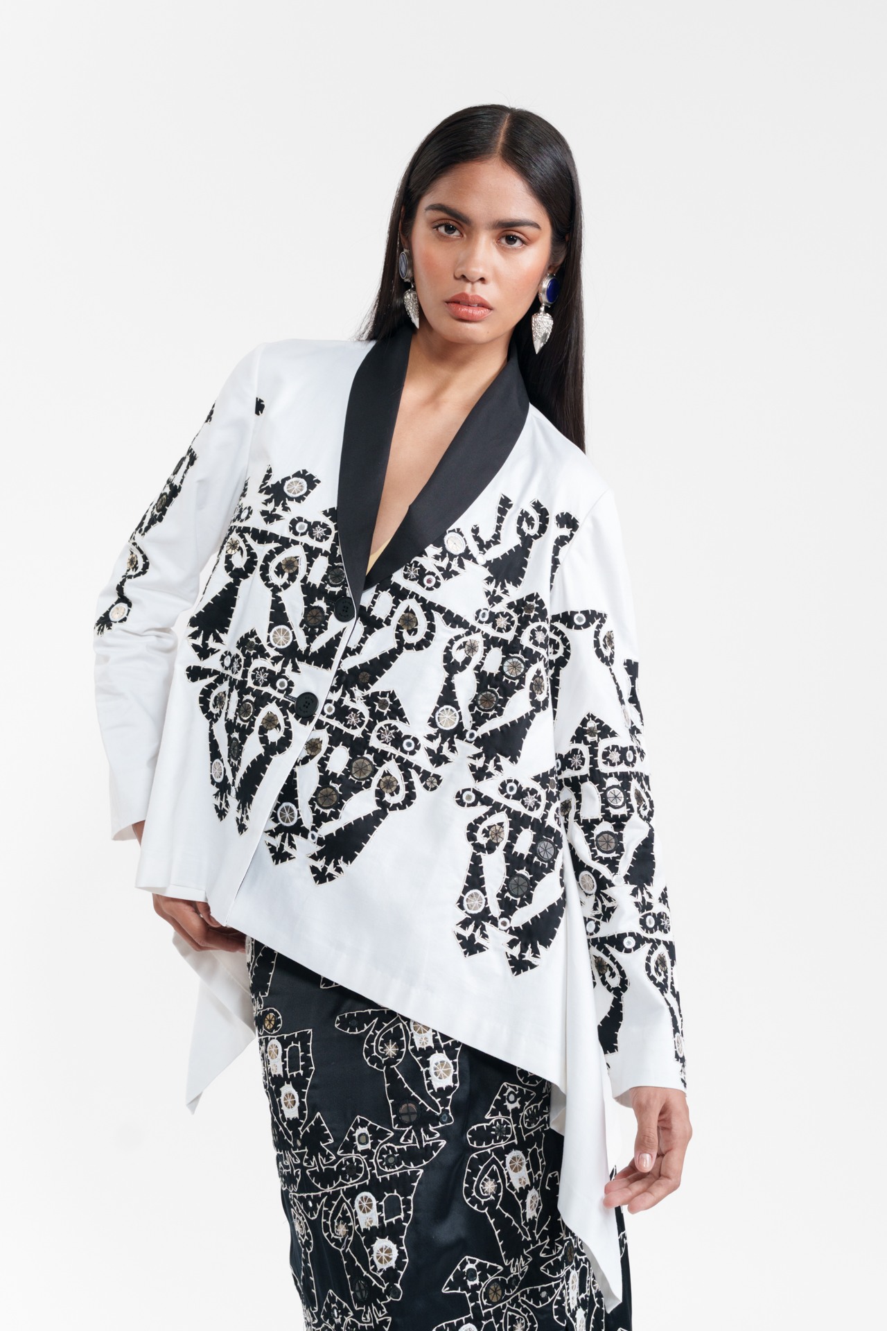 Appliqué Wrap Jacket with Cut-Out Skirt