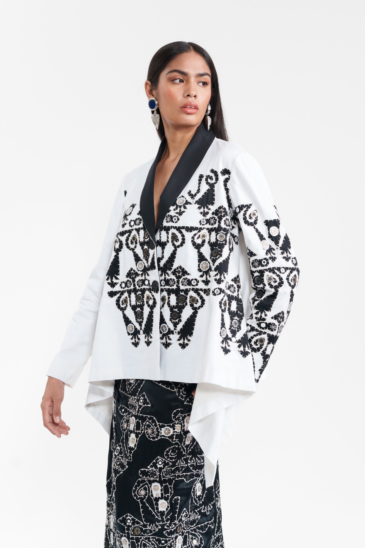 Appliqué Wrap Jacket with Cut-Out Skirt