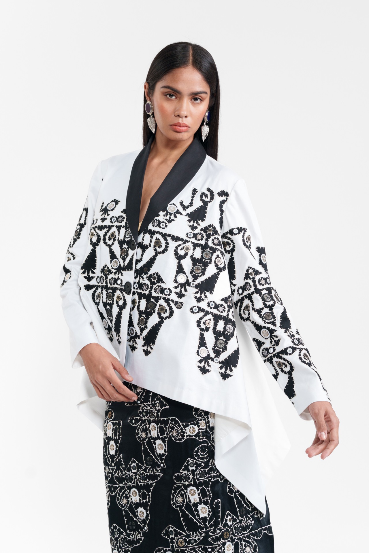 Appliqué Wrap Jacket with Cut-Out Skirt