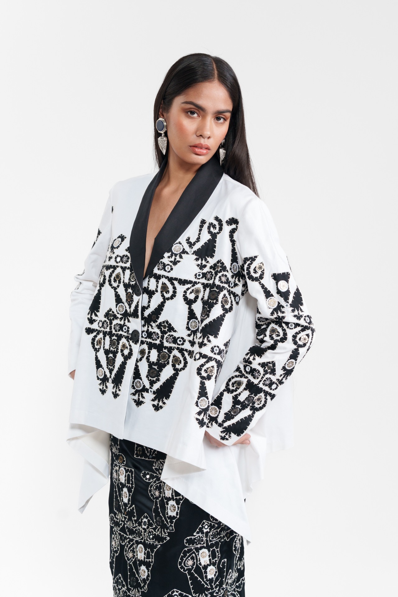 Appliqué Wrap Jacket with Cut-Out Skirt