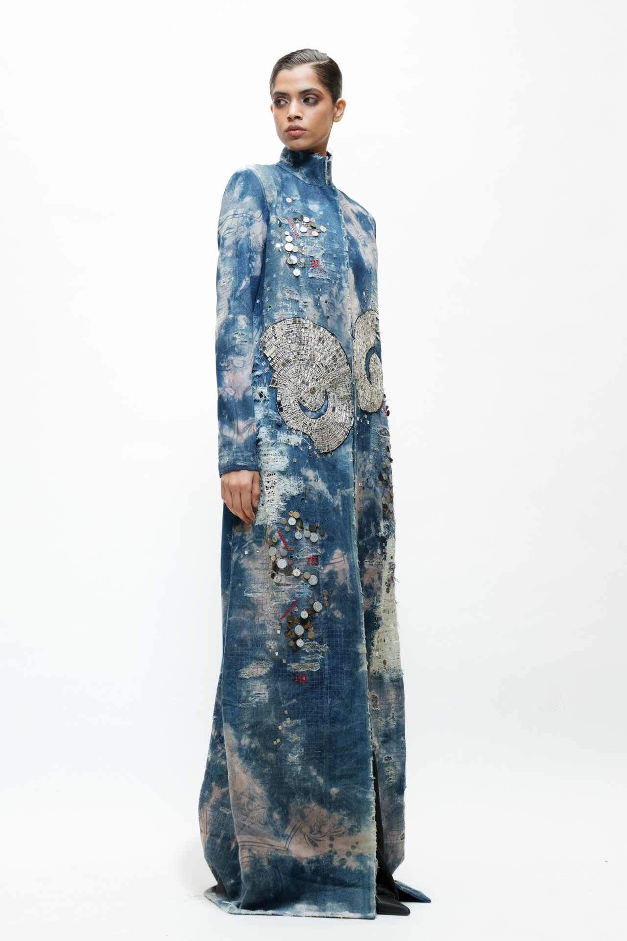 Deconstructed Embroidered Denim Long Coat