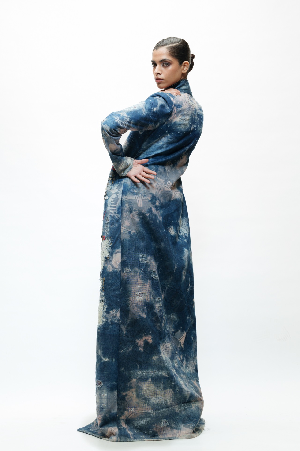 Deconstructed Embroidered Denim Long Coat